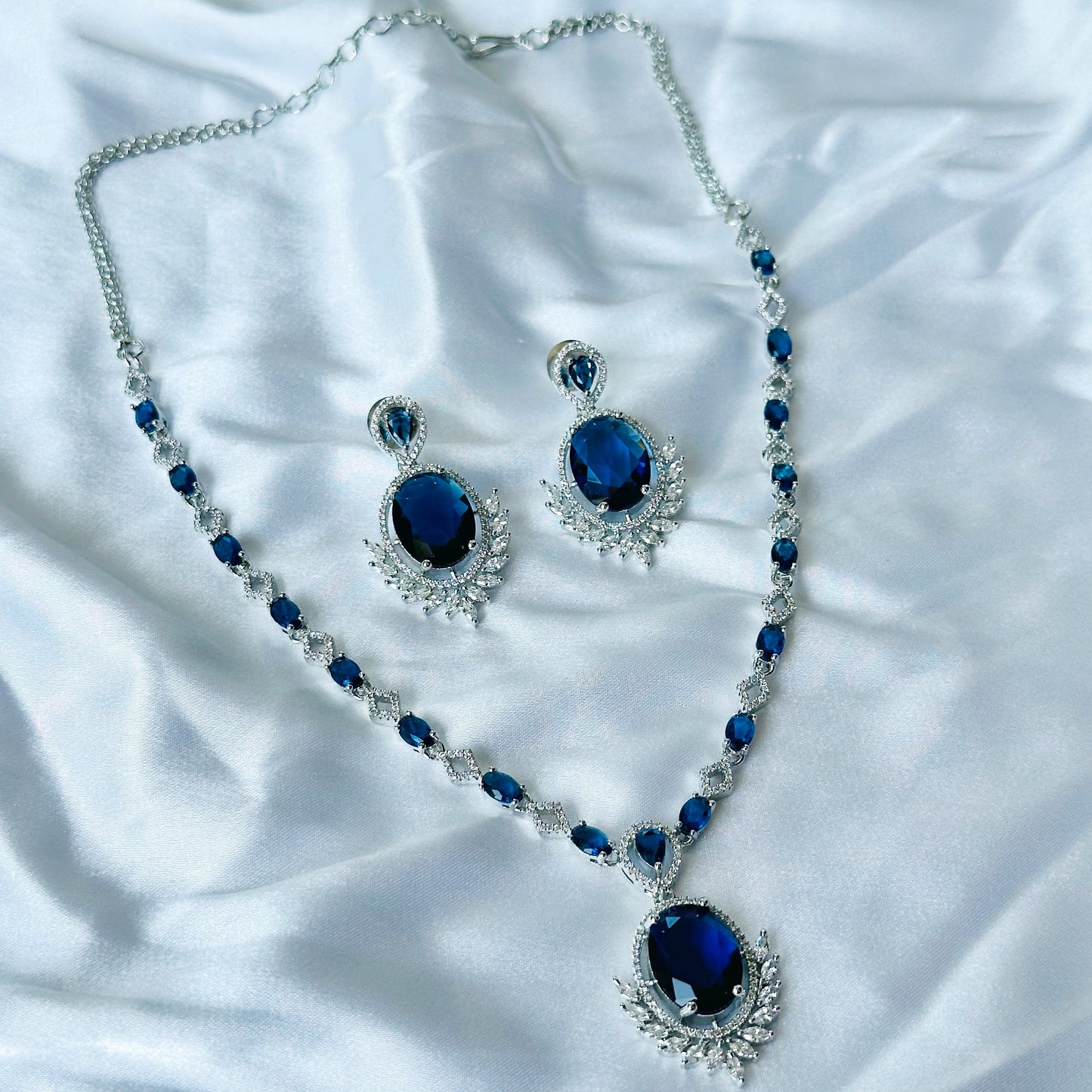 Blue Sapphire Cubic Zircon Stone American Diamond Silver Plated Necklace Set
