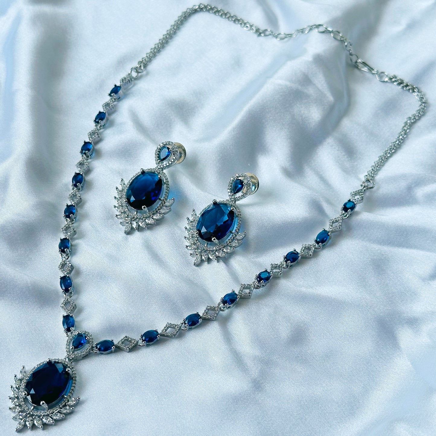 Blue Sapphire Cubic Zircon Stone American Diamond Silver Plated Necklace Set