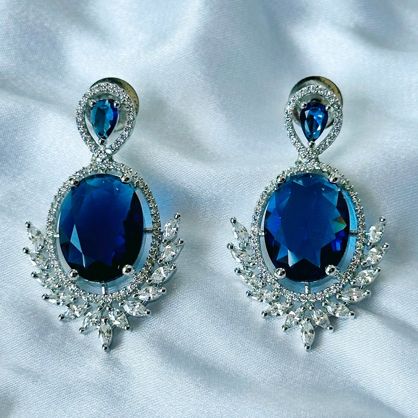 Blue Sapphire Cubic Zircon Stone American Diamond Silver Plated Necklace Set