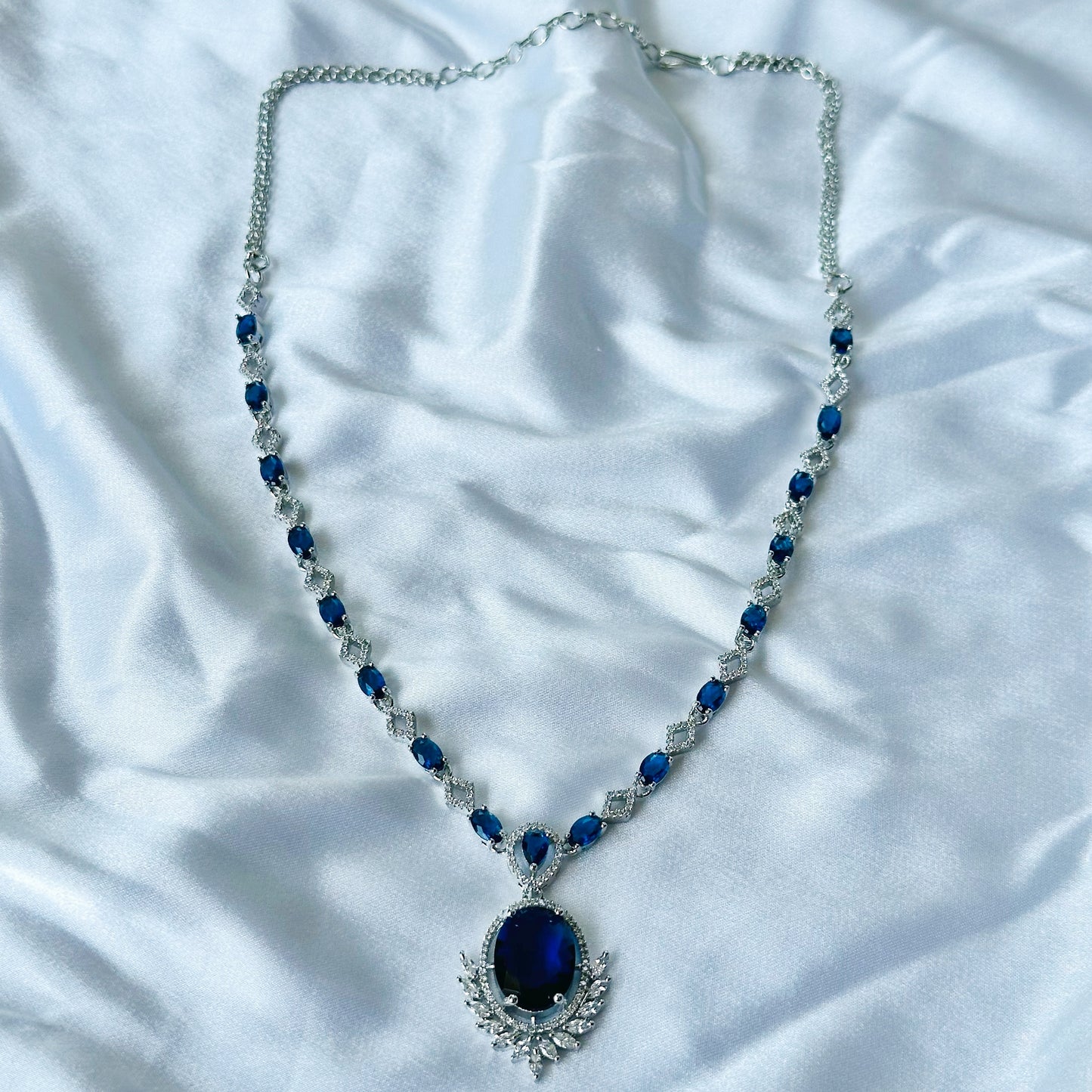 Blue Sapphire Cubic Zircon Stone American Diamond Silver Plated Necklace Set