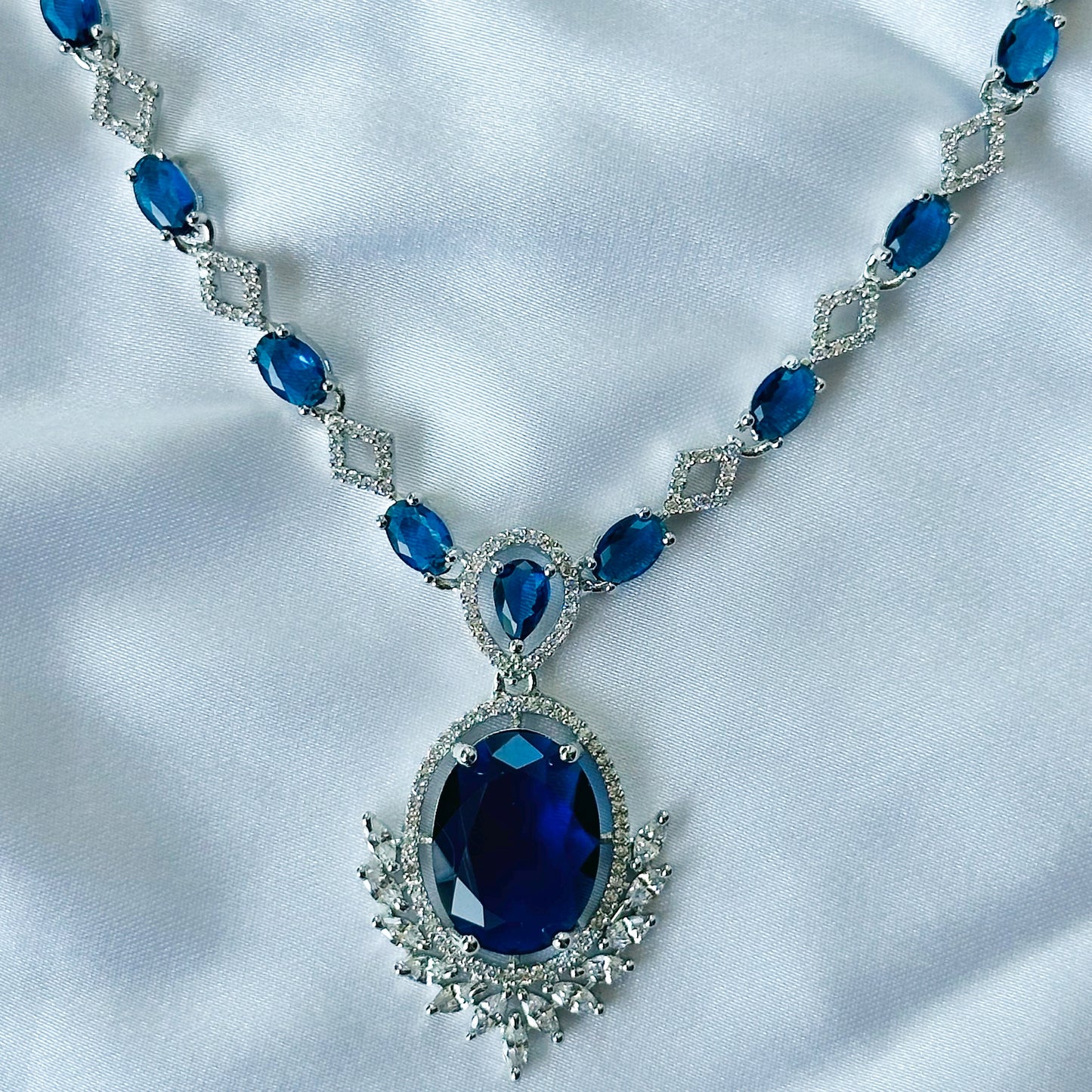 Blue Sapphire Cubic Zircon Stone American Diamond Silver Plated Necklace Set
