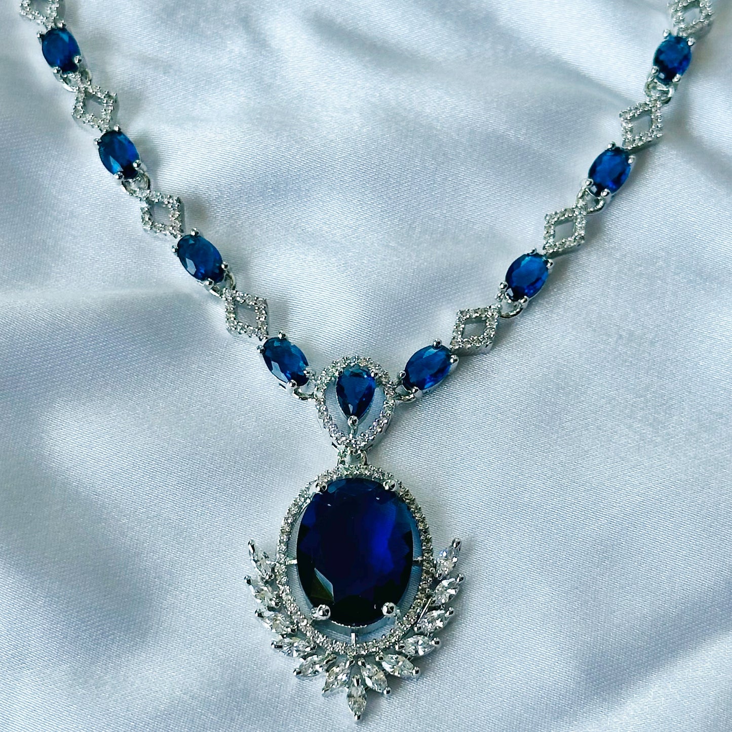 Blue Sapphire Cubic Zircon Stone American Diamond Silver Plated Necklace Set