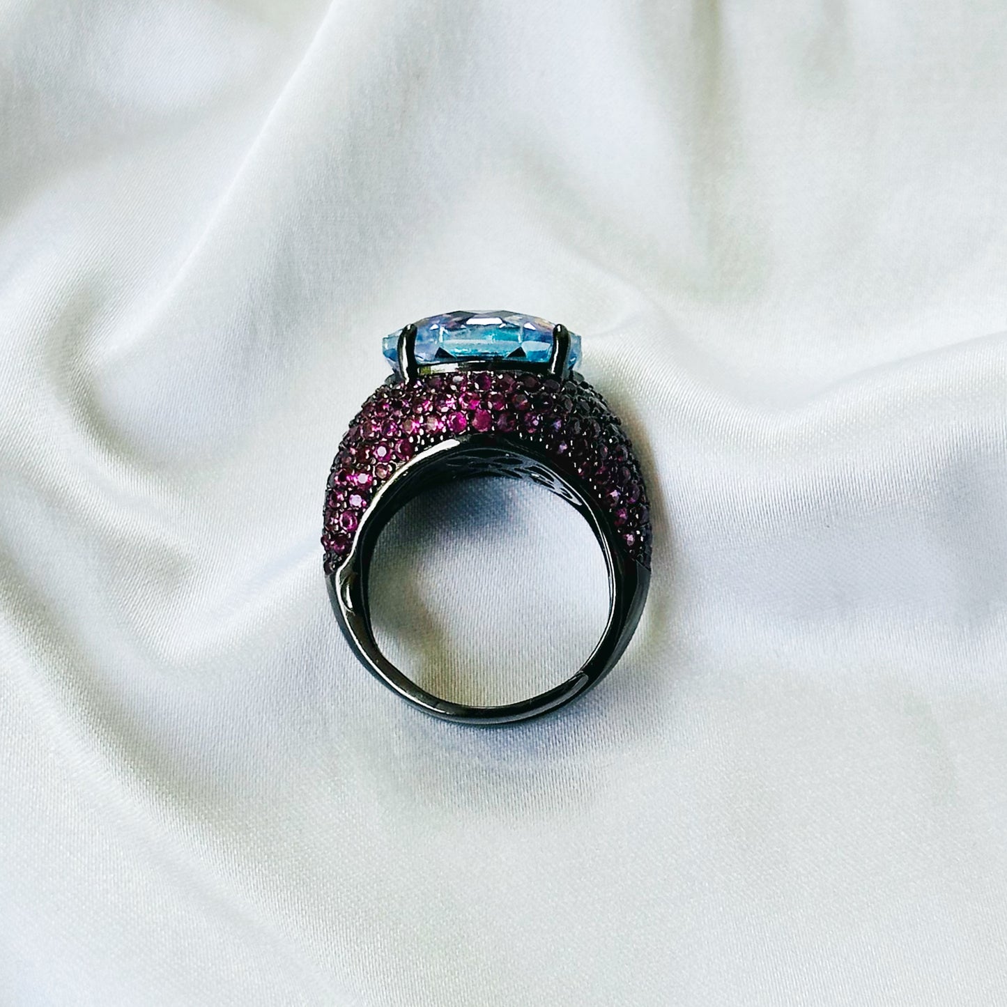Aqua Blue Vitrail Sapphire Cubic Zirconia Pink Ice Cut American Diamond Victorian Plated Adjustable Ring