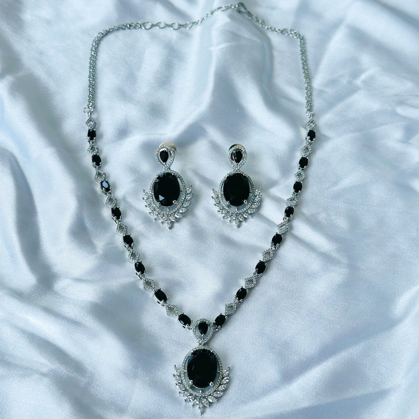 Black Cubic Zircon Stone American Diamond Silver Plated Necklace Set