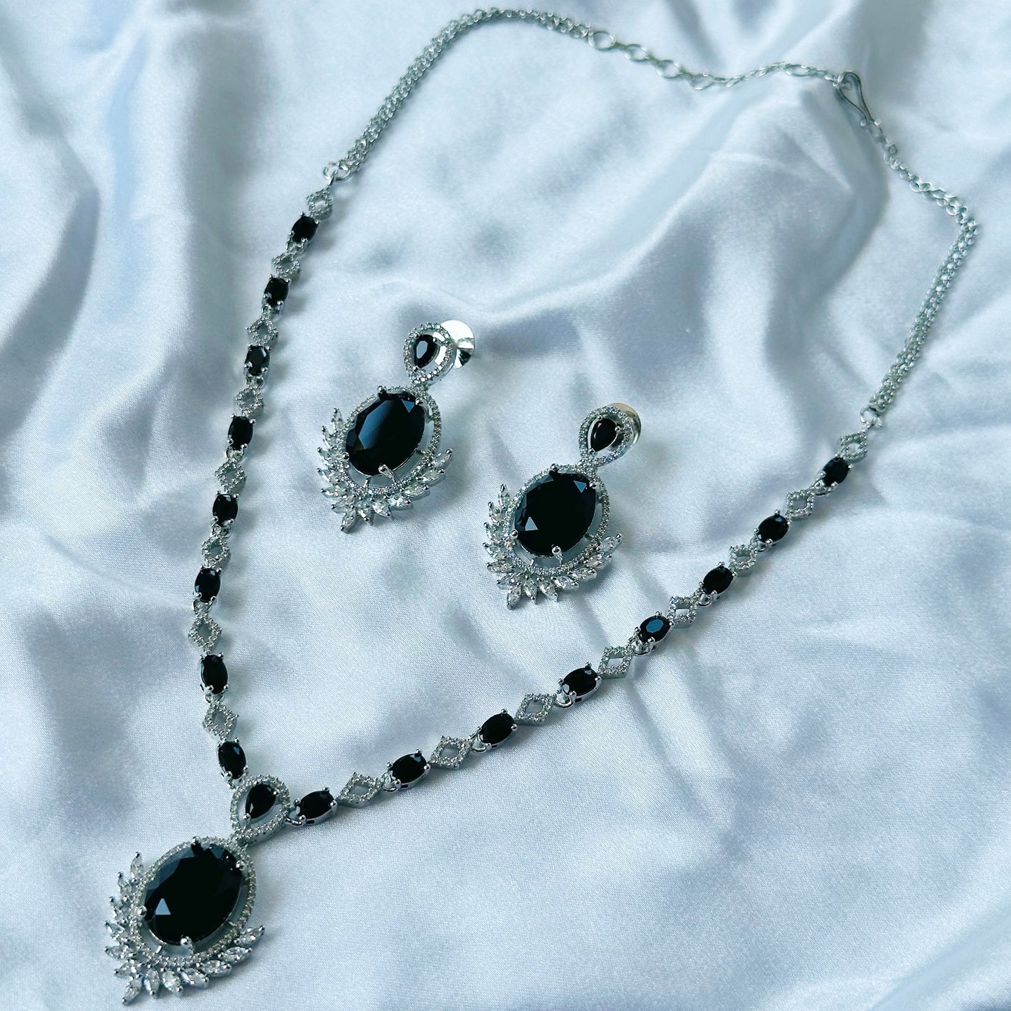Black Cubic Zircon Stone American Diamond Silver Plated Necklace Set