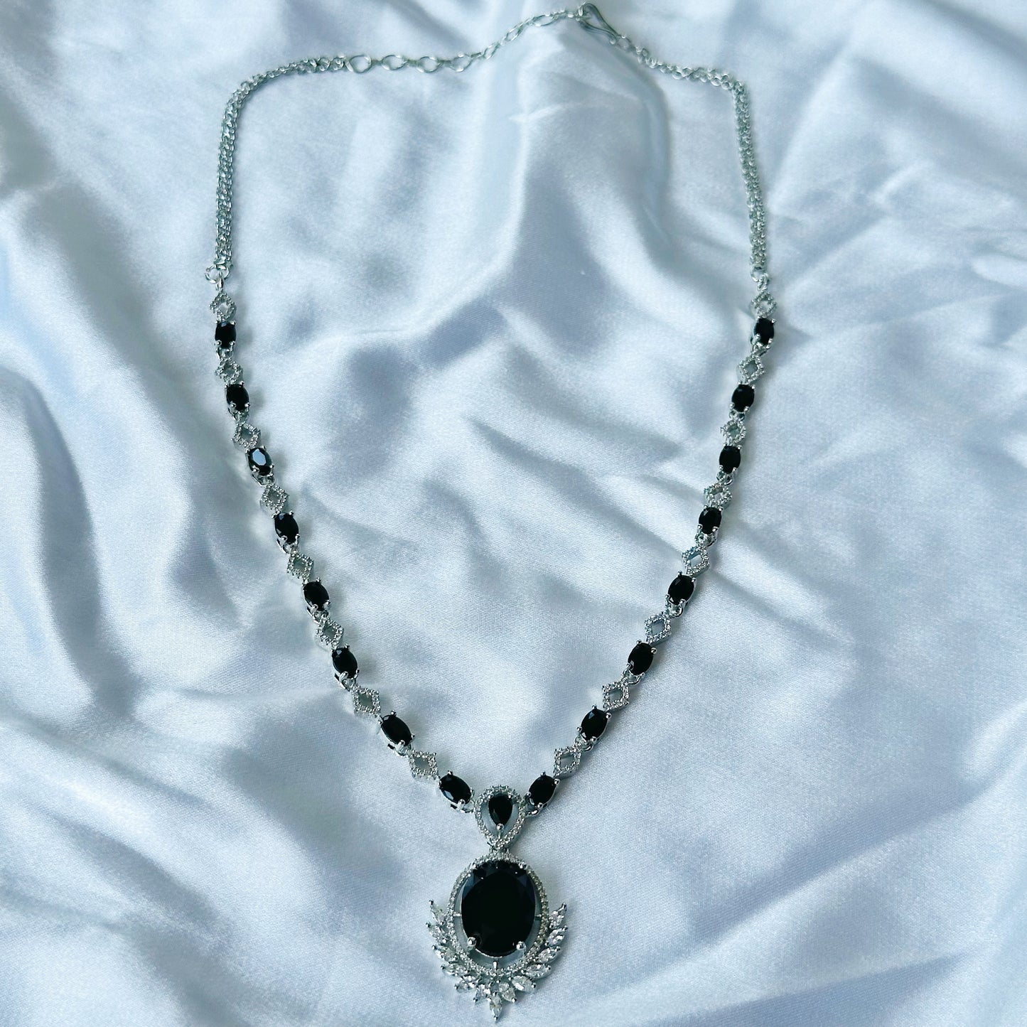 Black Cubic Zircon Stone American Diamond Silver Plated Necklace Set