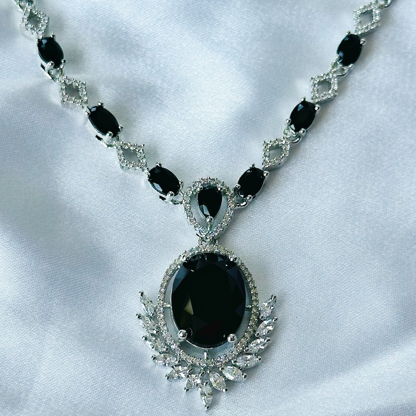 Black Cubic Zircon Stone American Diamond Silver Plated Necklace Set