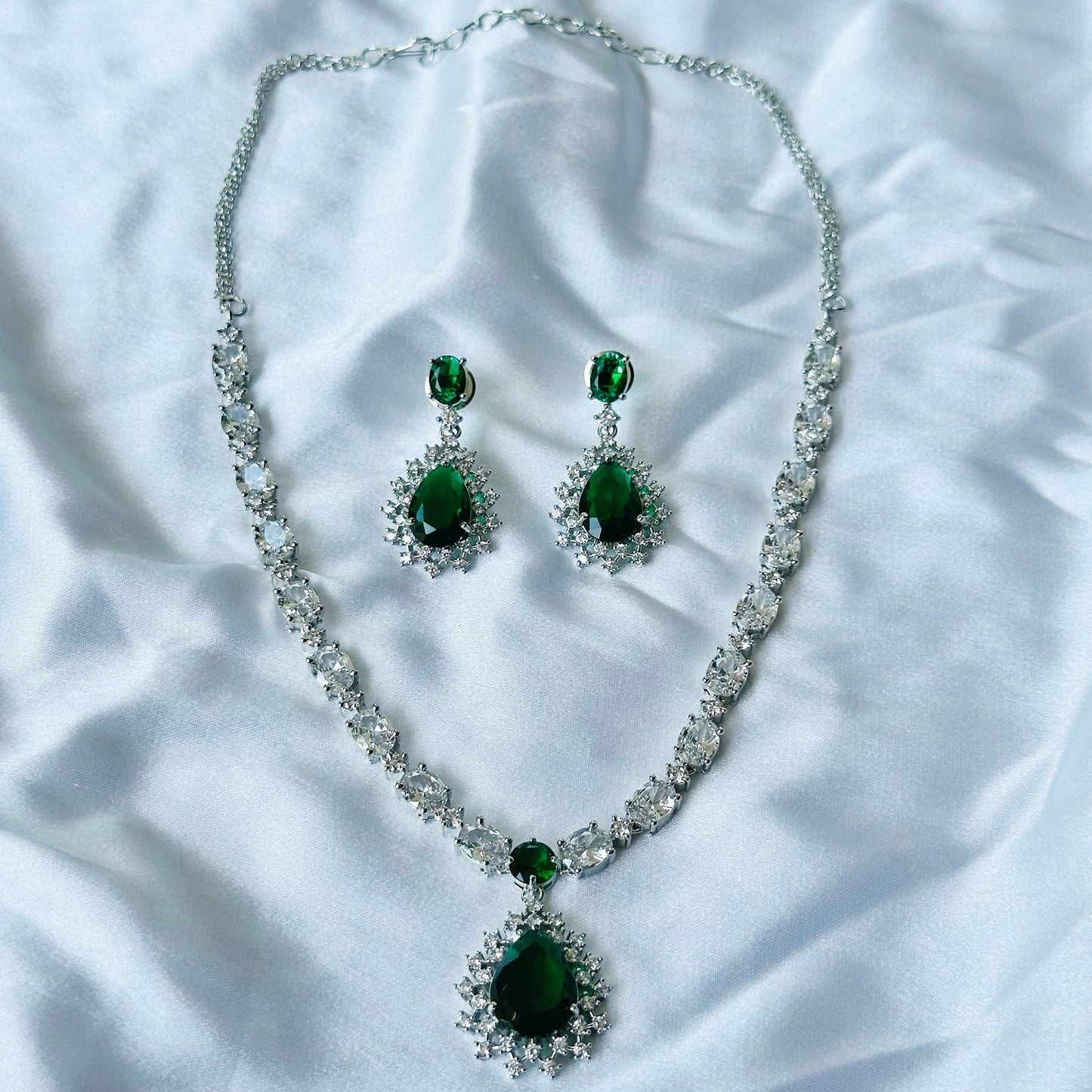 Green Emerald Cubic Zircon Stone American Diamond Silver Plated Necklace Set
