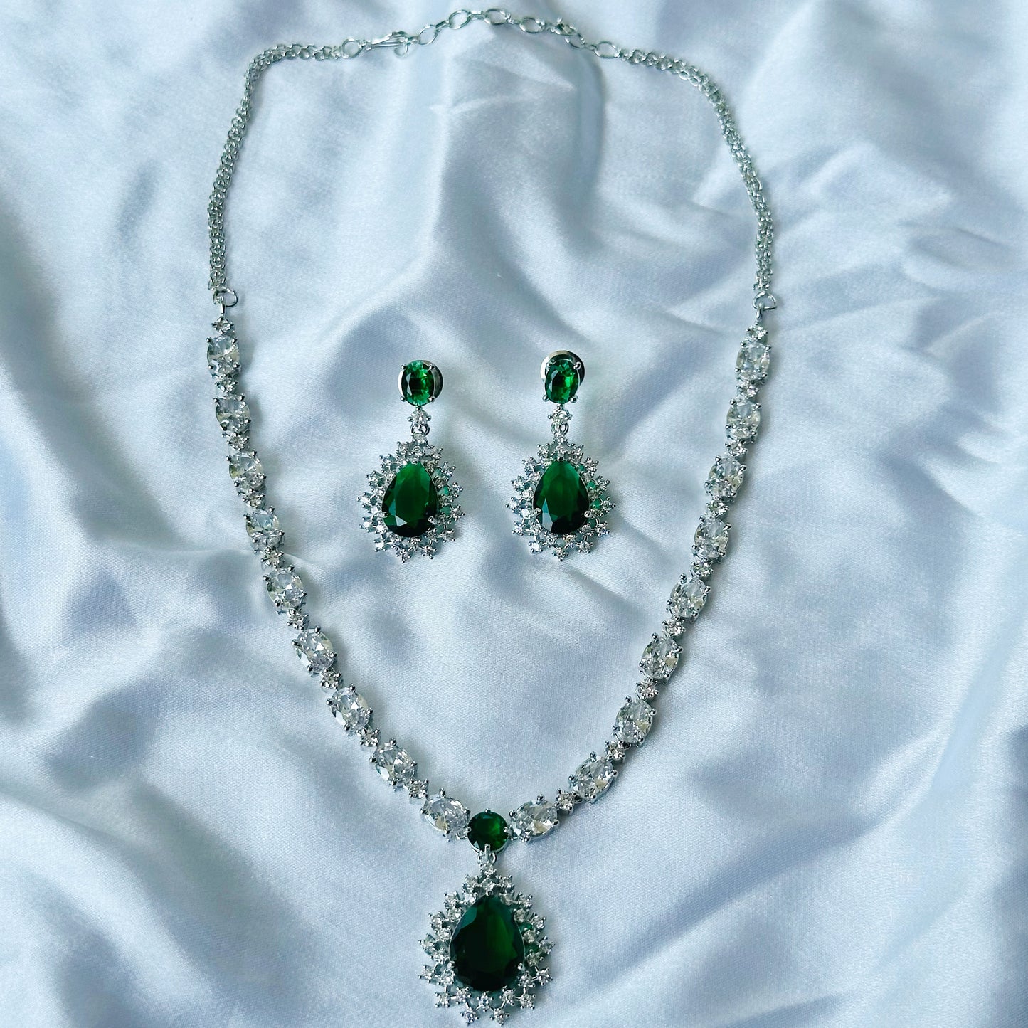 Green Emerald Cubic Zircon Stone American Diamond Silver Plated Necklace Set