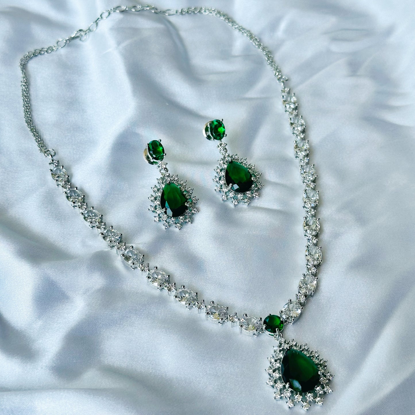 Green Emerald Cubic Zircon Stone American Diamond Silver Plated Necklace Set