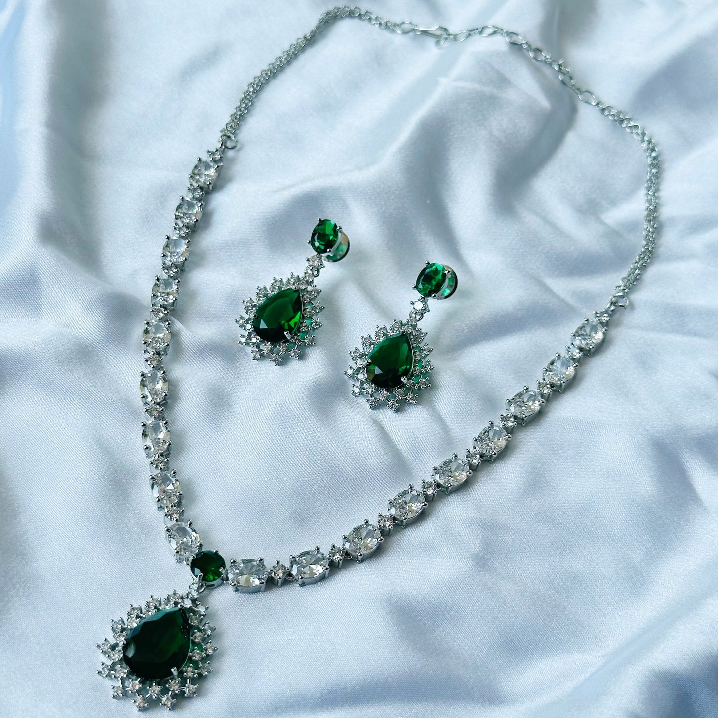 Green Emerald Cubic Zircon Stone American Diamond Silver Plated Necklace Set