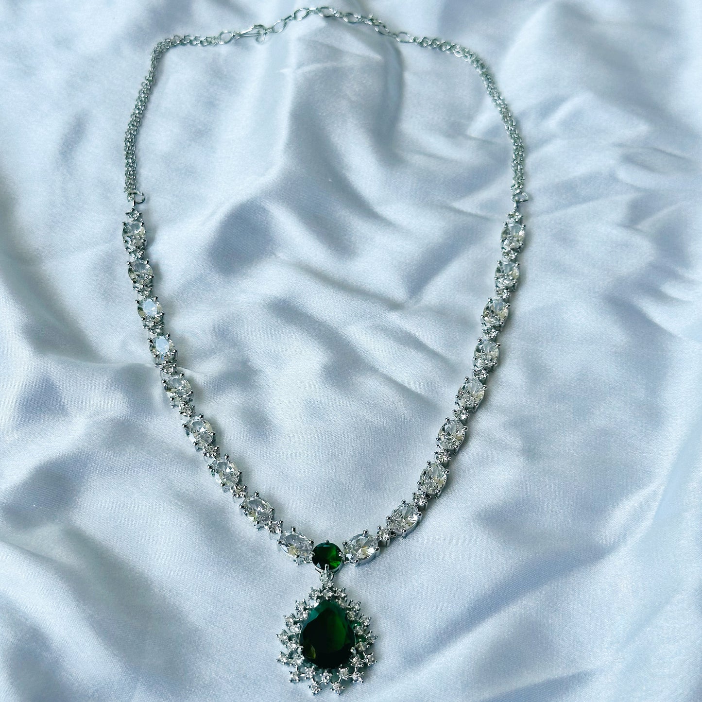 Green Emerald Cubic Zircon Stone American Diamond Silver Plated Necklace Set