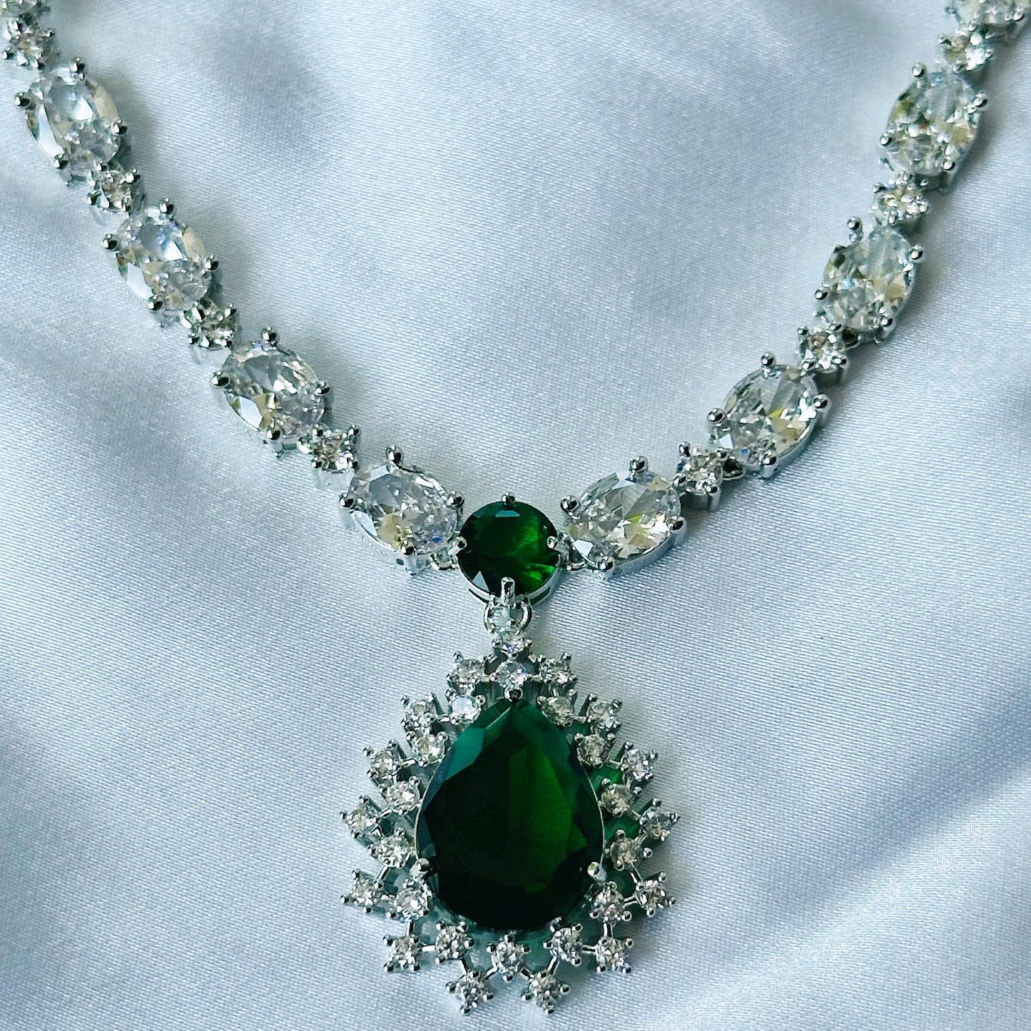 Green Emerald Cubic Zircon Stone American Diamond Silver Plated Necklace Set