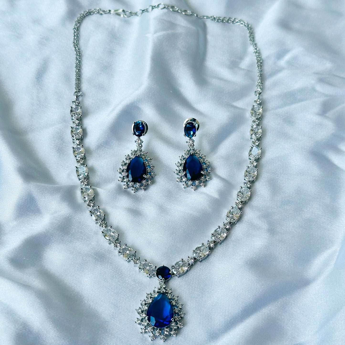 Blue Sapphire Cubic Zircon Stone American Diamond Silver Plated Necklace Set
