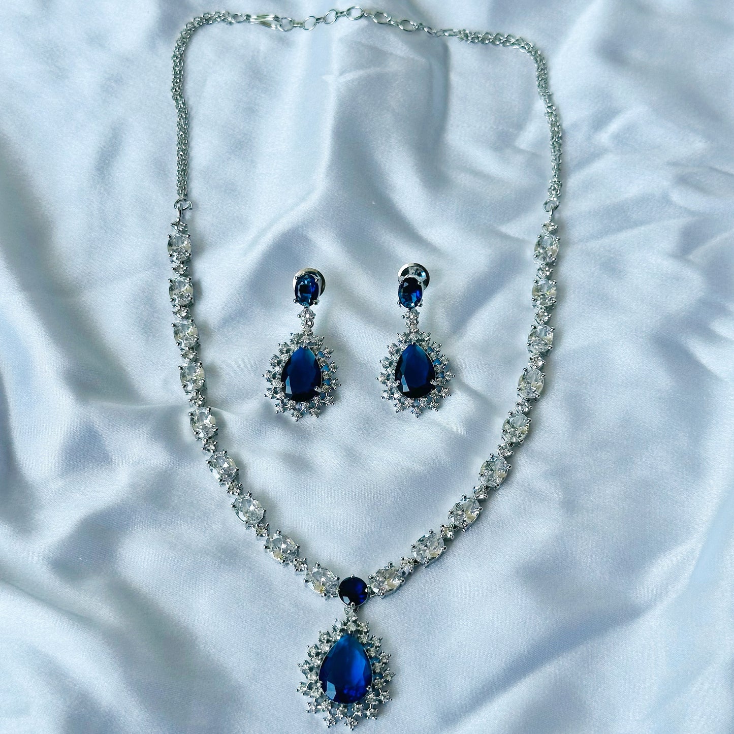 Blue Sapphire Cubic Zircon Stone American Diamond Silver Plated Necklace Set