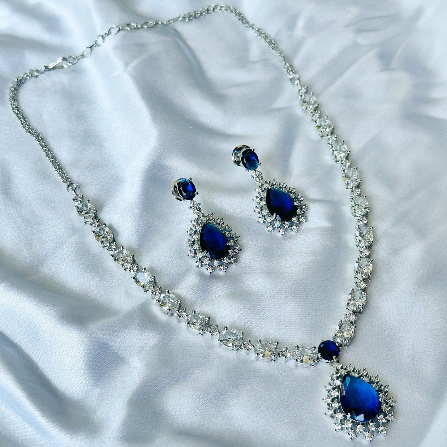 Blue Sapphire Cubic Zircon Stone American Diamond Silver Plated Necklace Set