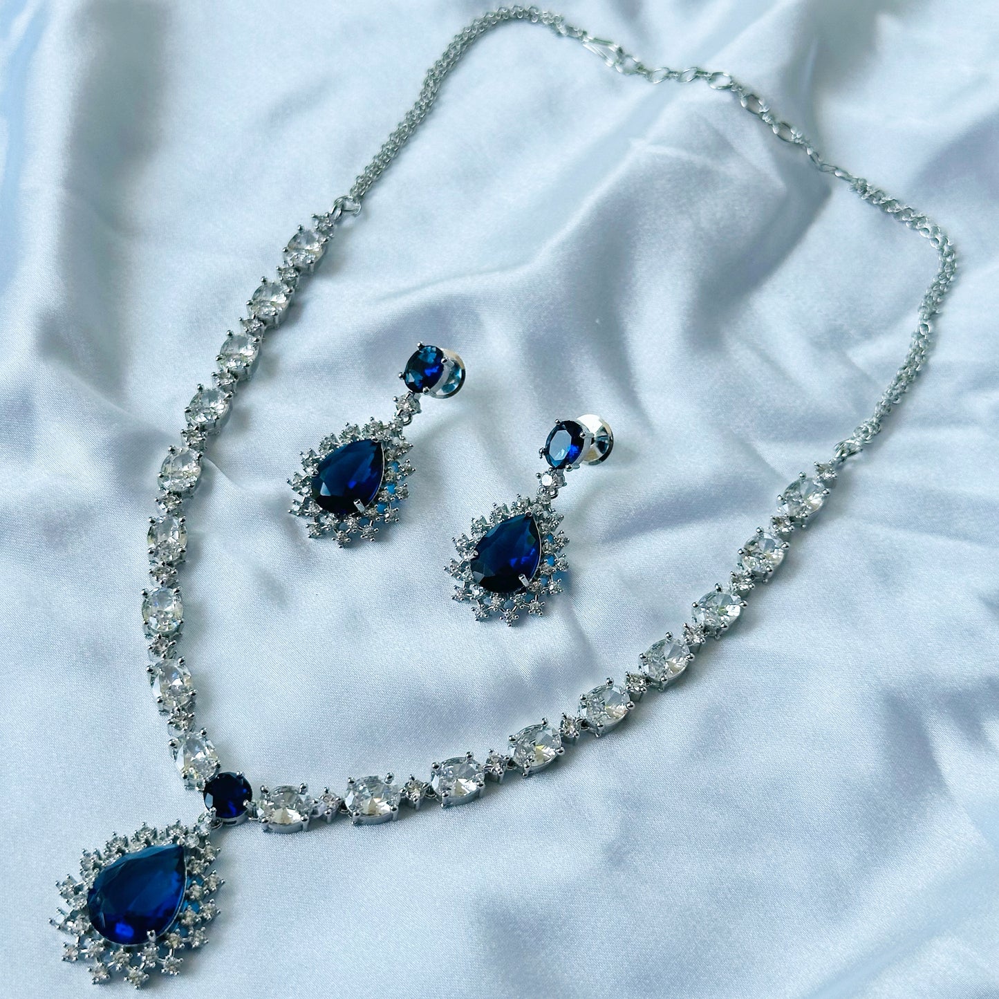 Blue Sapphire Cubic Zircon Stone American Diamond Silver Plated Necklace Set