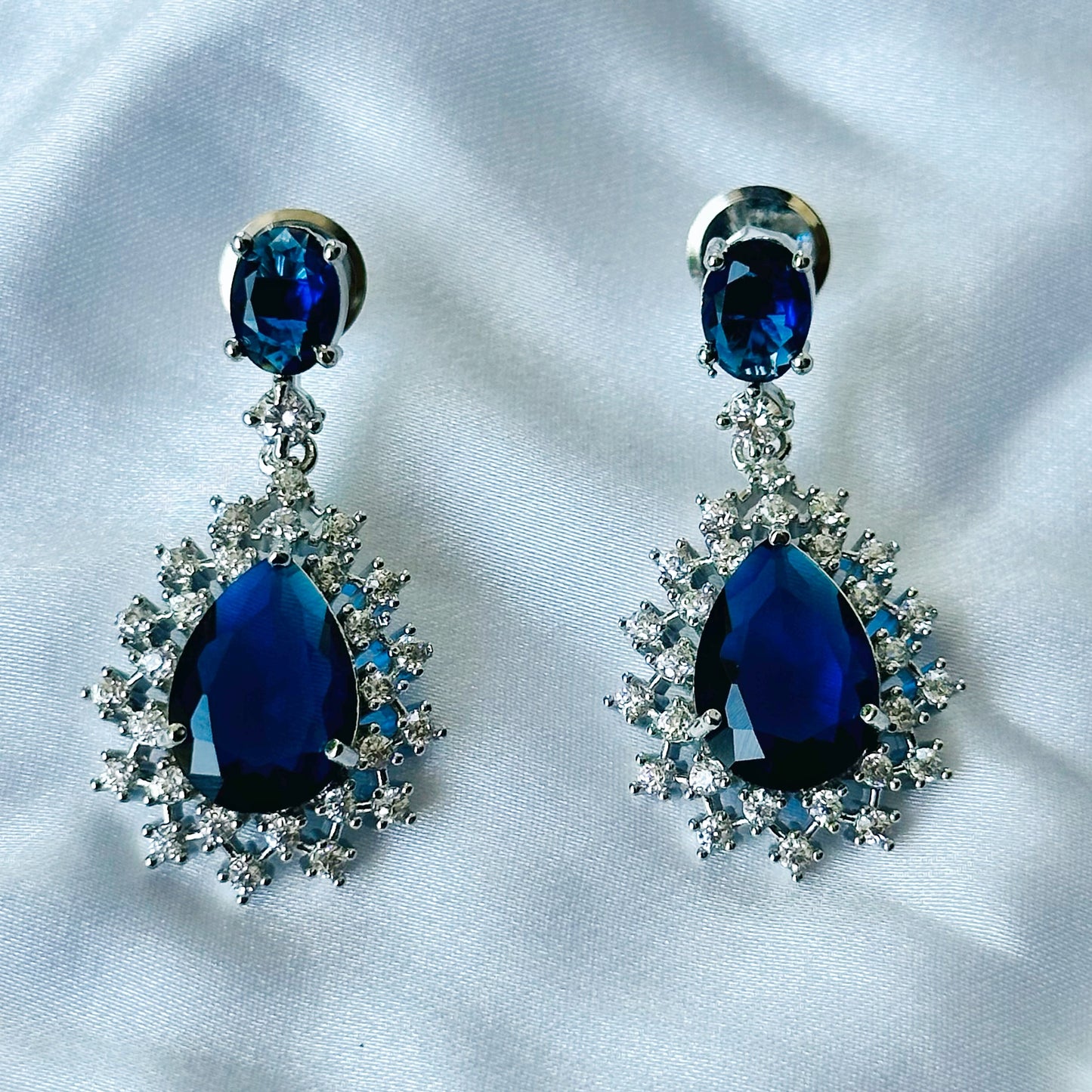 Blue Sapphire Cubic Zircon Stone American Diamond Silver Plated Necklace Set