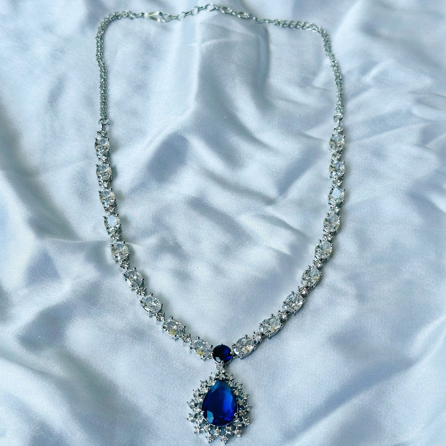 Blue Sapphire Cubic Zircon Stone American Diamond Silver Plated Necklace Set