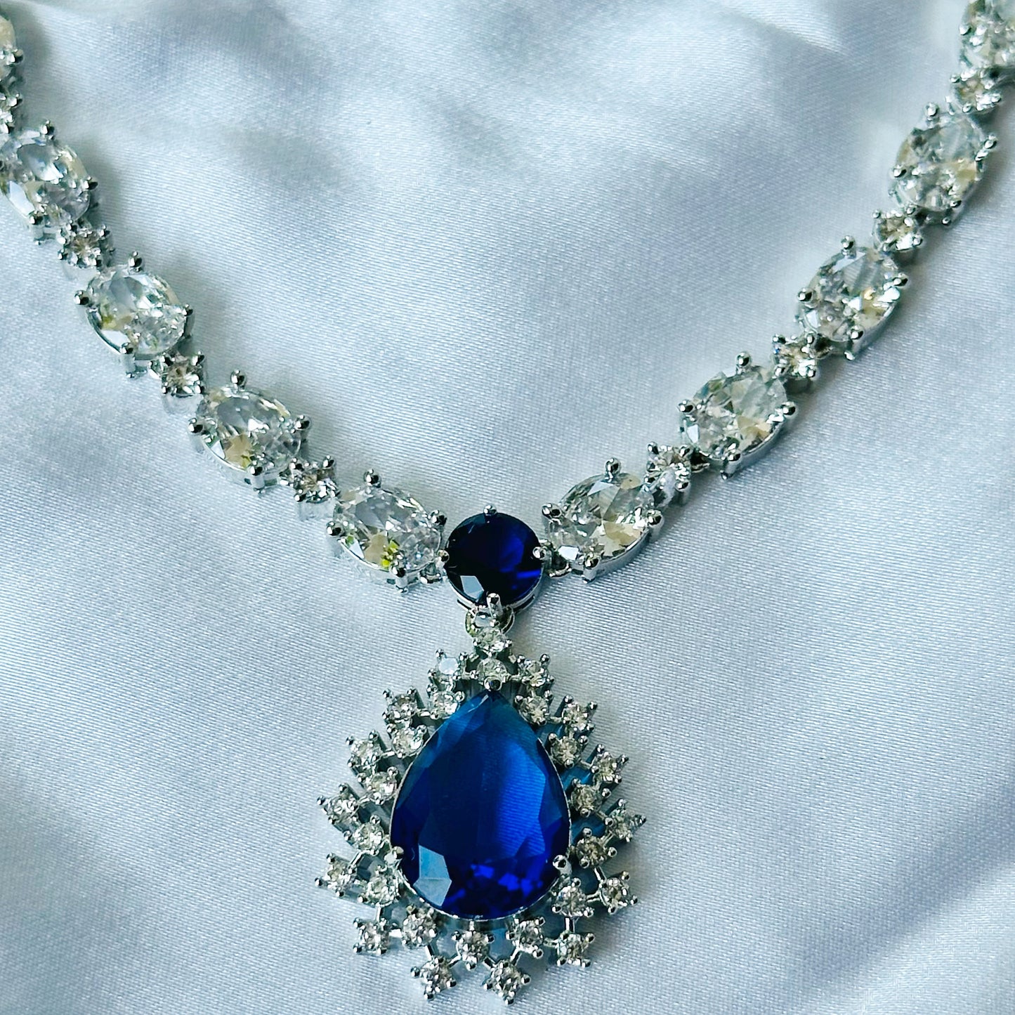 Blue Sapphire Cubic Zircon Stone American Diamond Silver Plated Necklace Set
