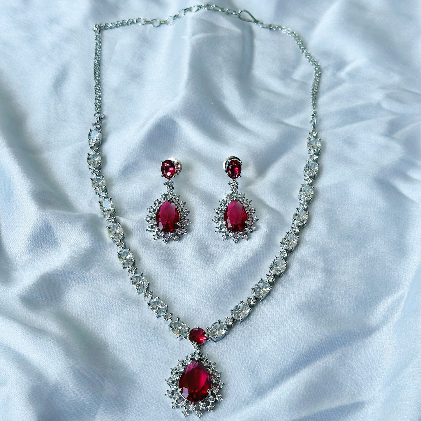 Red Ruby Cubic Zircon Stone American Diamond Silver Plated Necklace Set