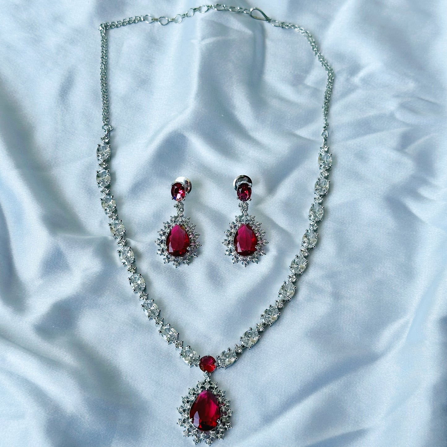 Red Ruby Cubic Zircon Stone American Diamond Silver Plated Necklace Set