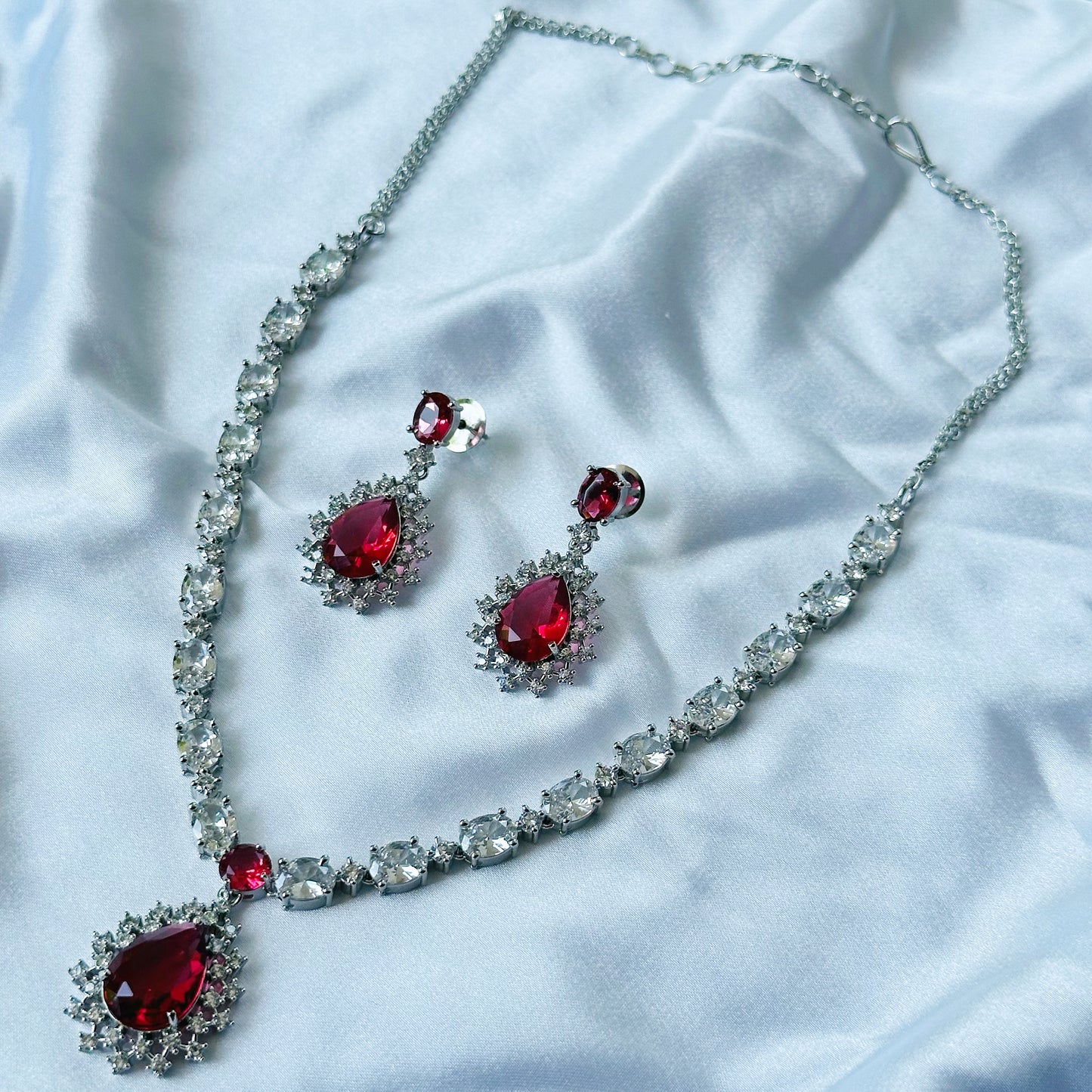 Red Ruby Cubic Zircon Stone American Diamond Silver Plated Necklace Set
