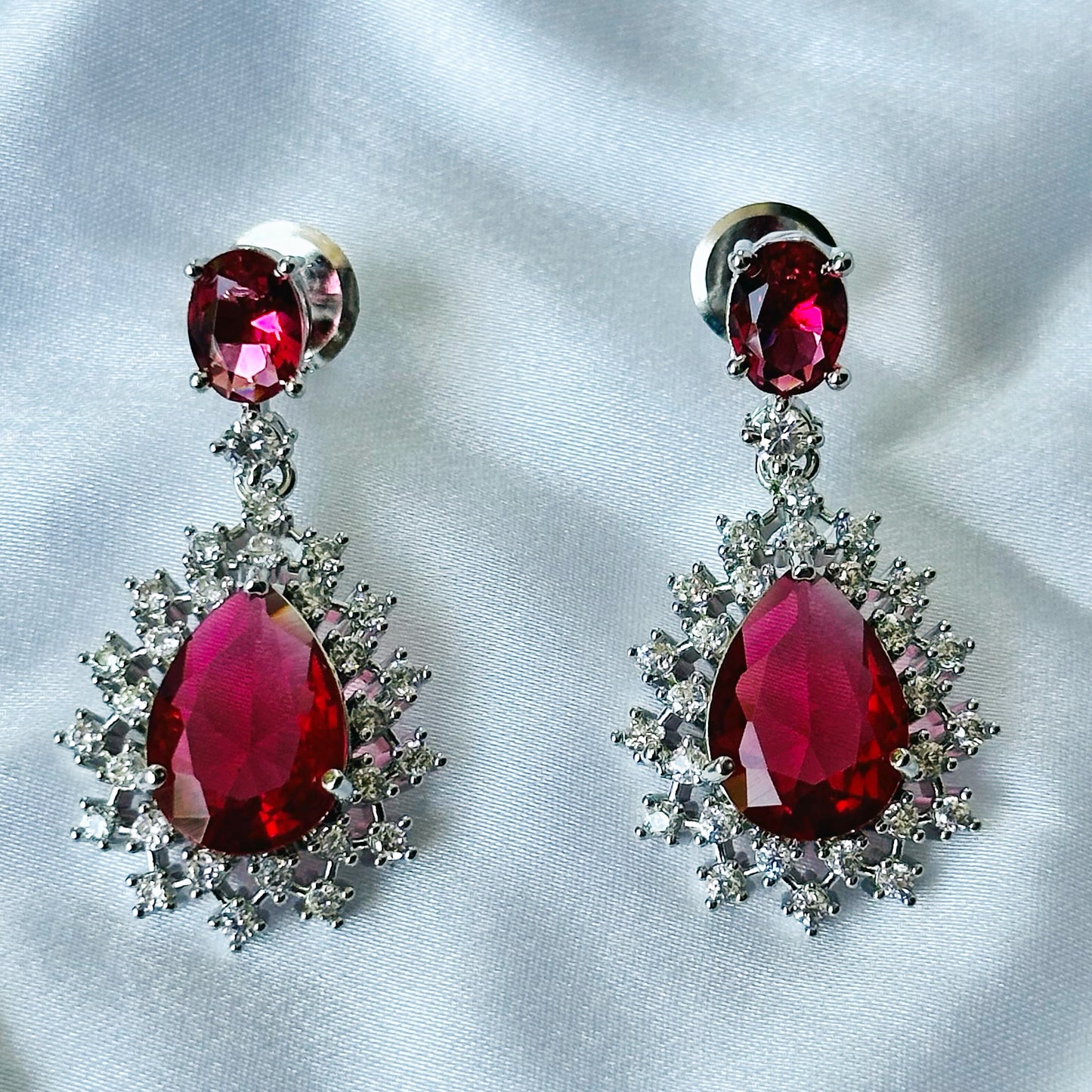 Red Ruby Cubic Zircon Stone American Diamond Silver Plated Necklace Set