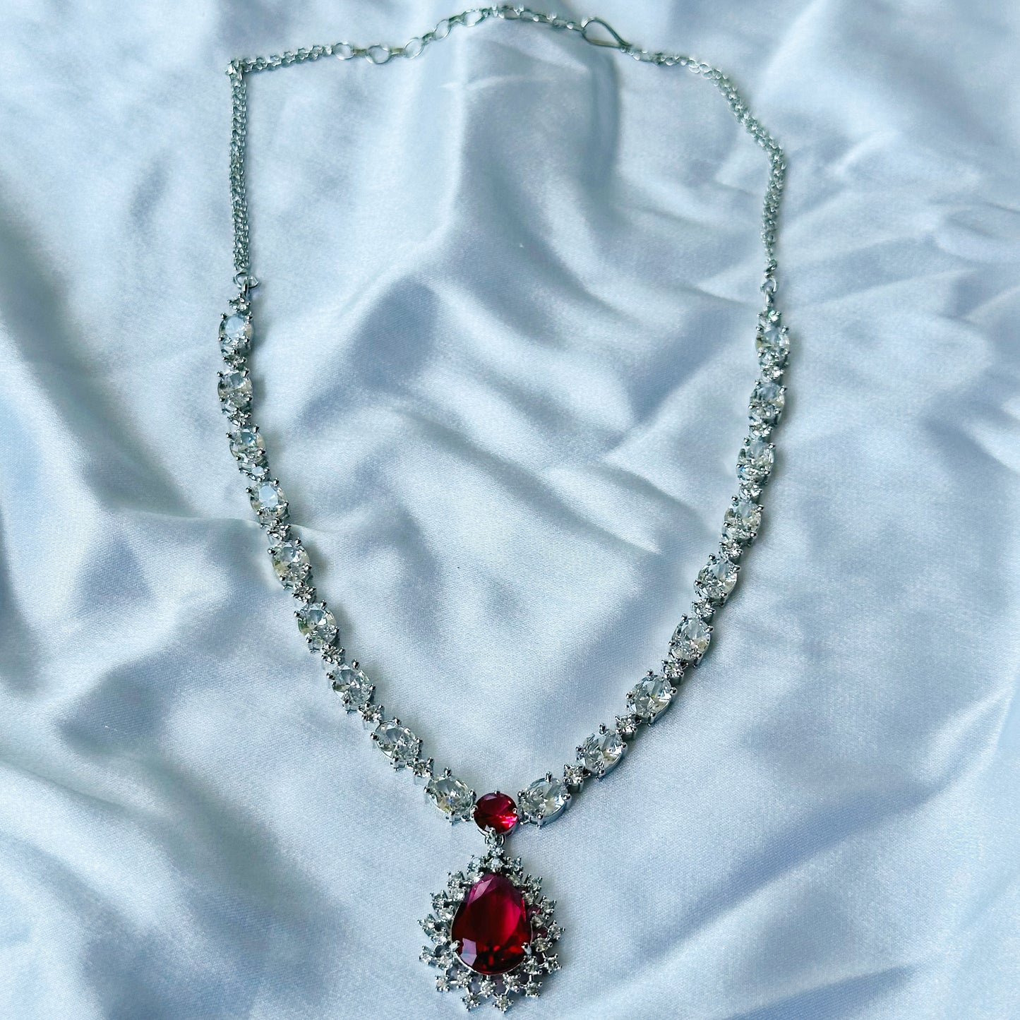 Red Ruby Cubic Zircon Stone American Diamond Silver Plated Necklace Set