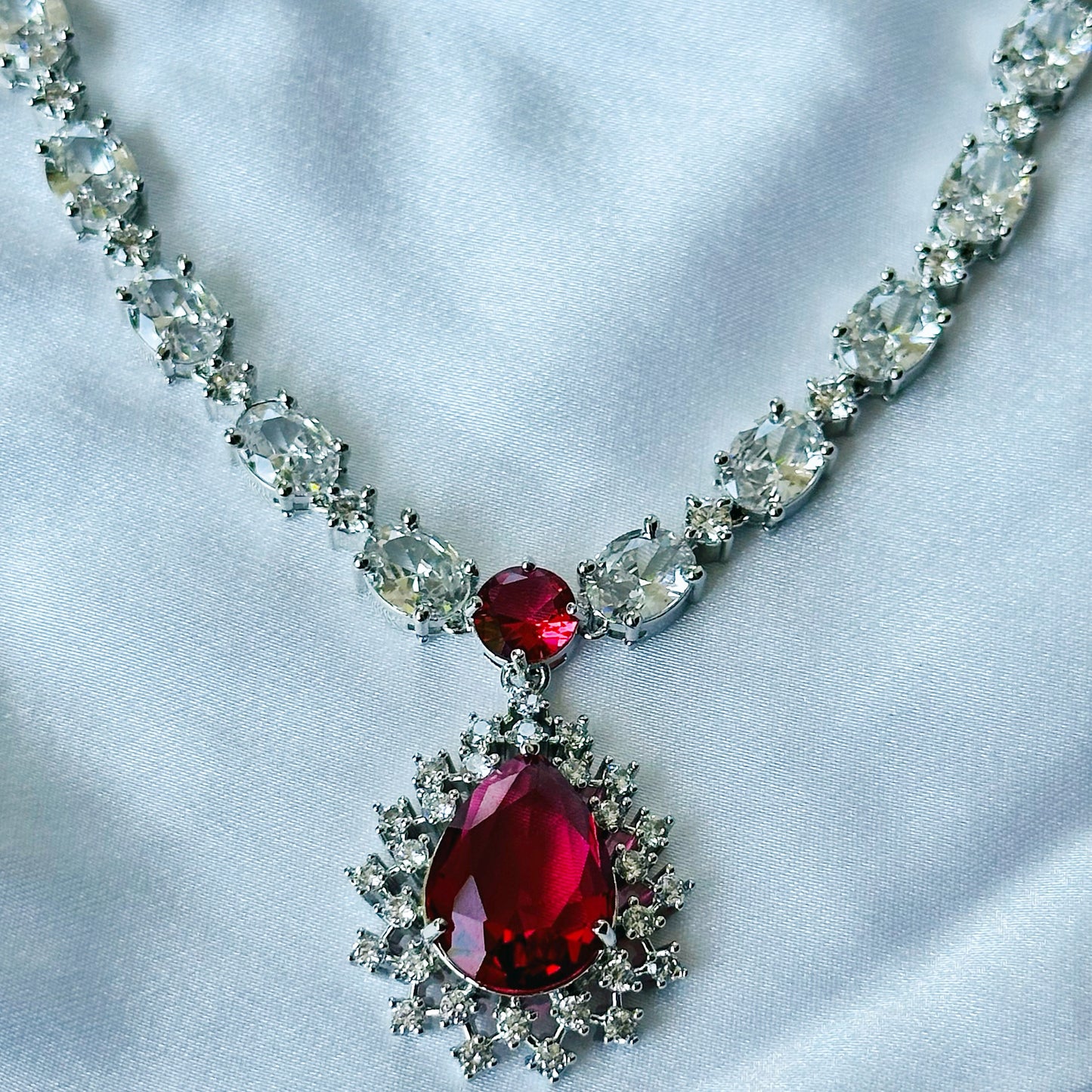 Red Ruby Cubic Zircon Stone American Diamond Silver Plated Necklace Set