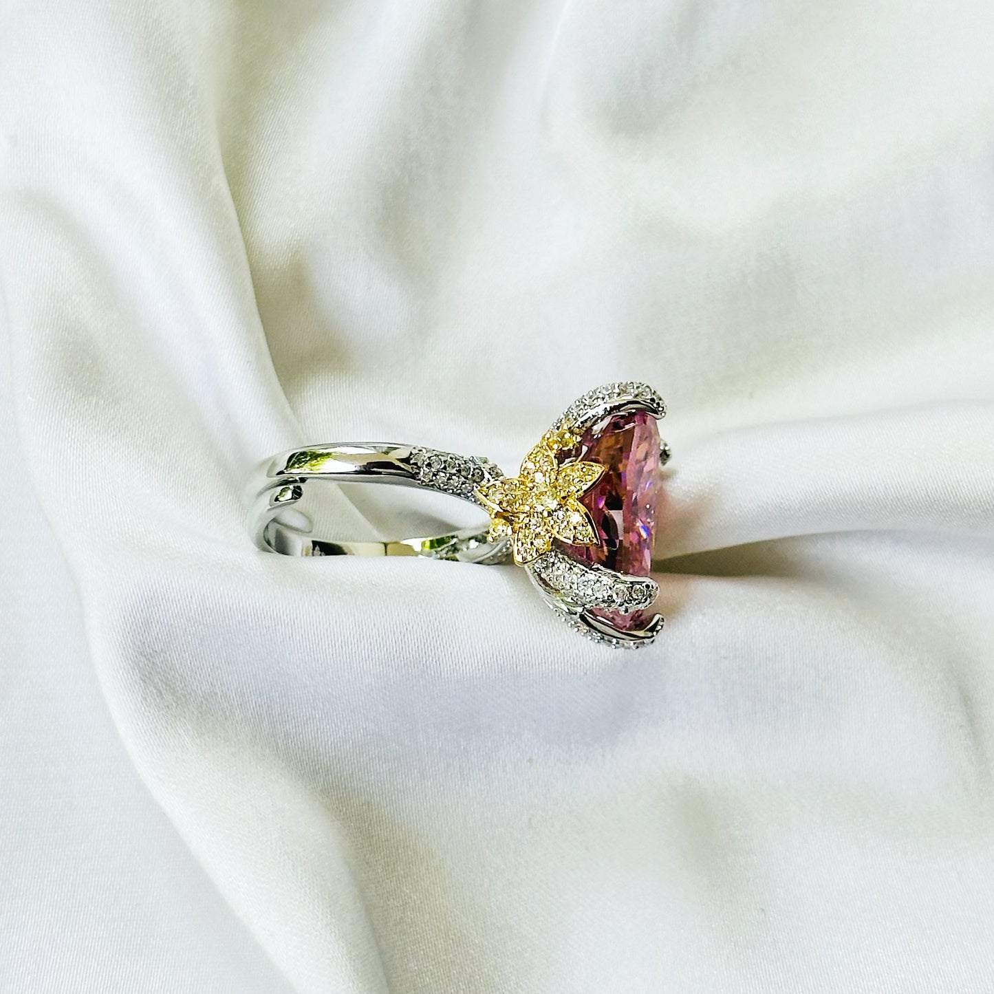 Pink Topaz Cubic Zirconia Ice Cut American Diamond Gold/Silver Plated Adjustable Ring