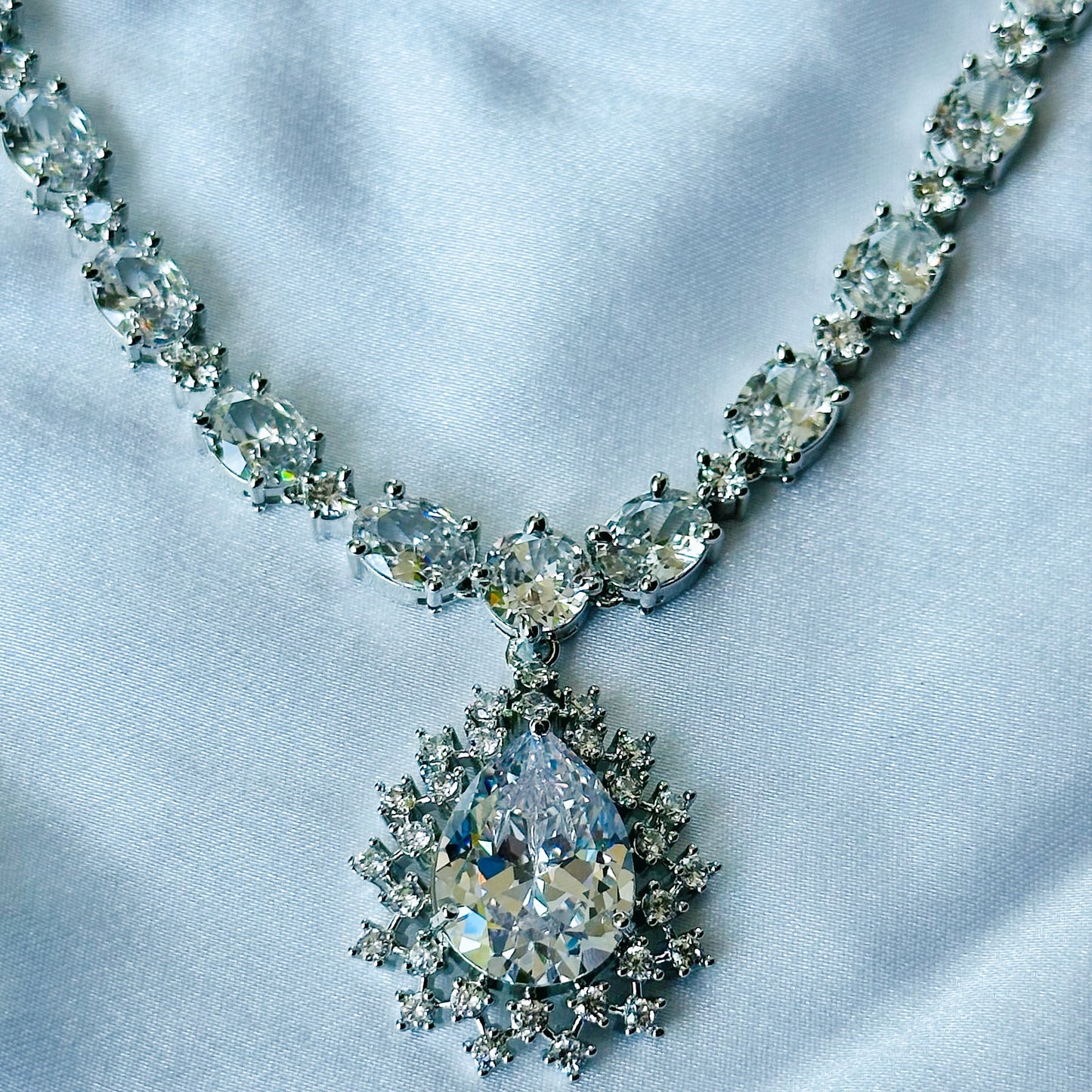 Solitaire Cubic Zircon American Diamond Silver Plated Necklace Set