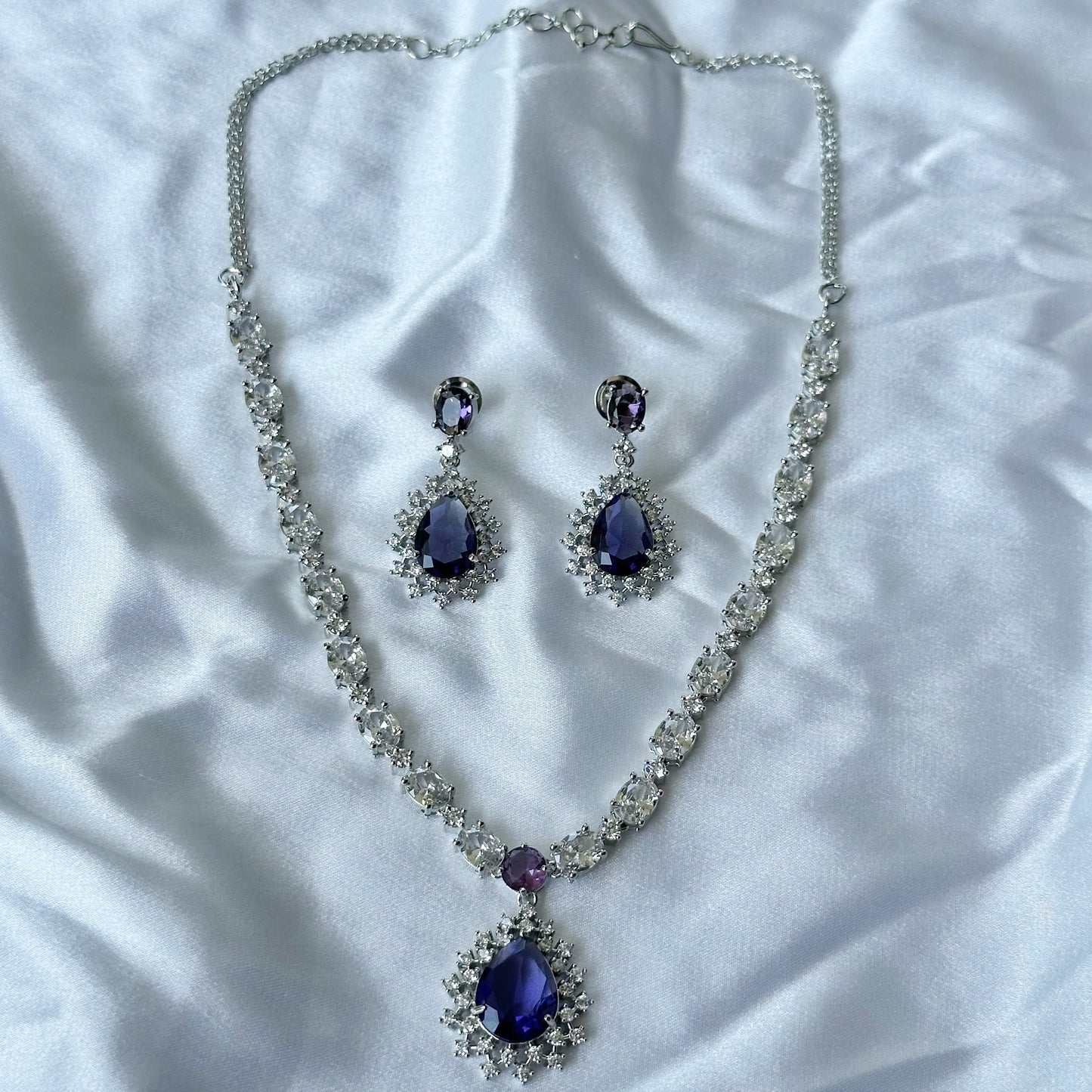 Deep Purple Amethyst Cubic Zircon Stone American Diamond Silver Plated Necklace Set