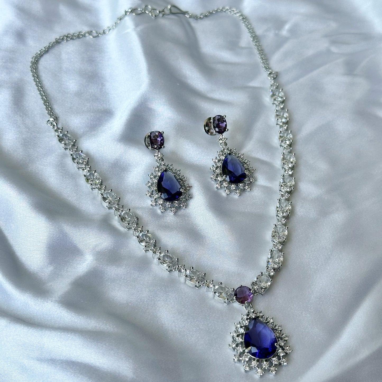 Deep Purple Amethyst Cubic Zircon Stone American Diamond Silver Plated Necklace Set