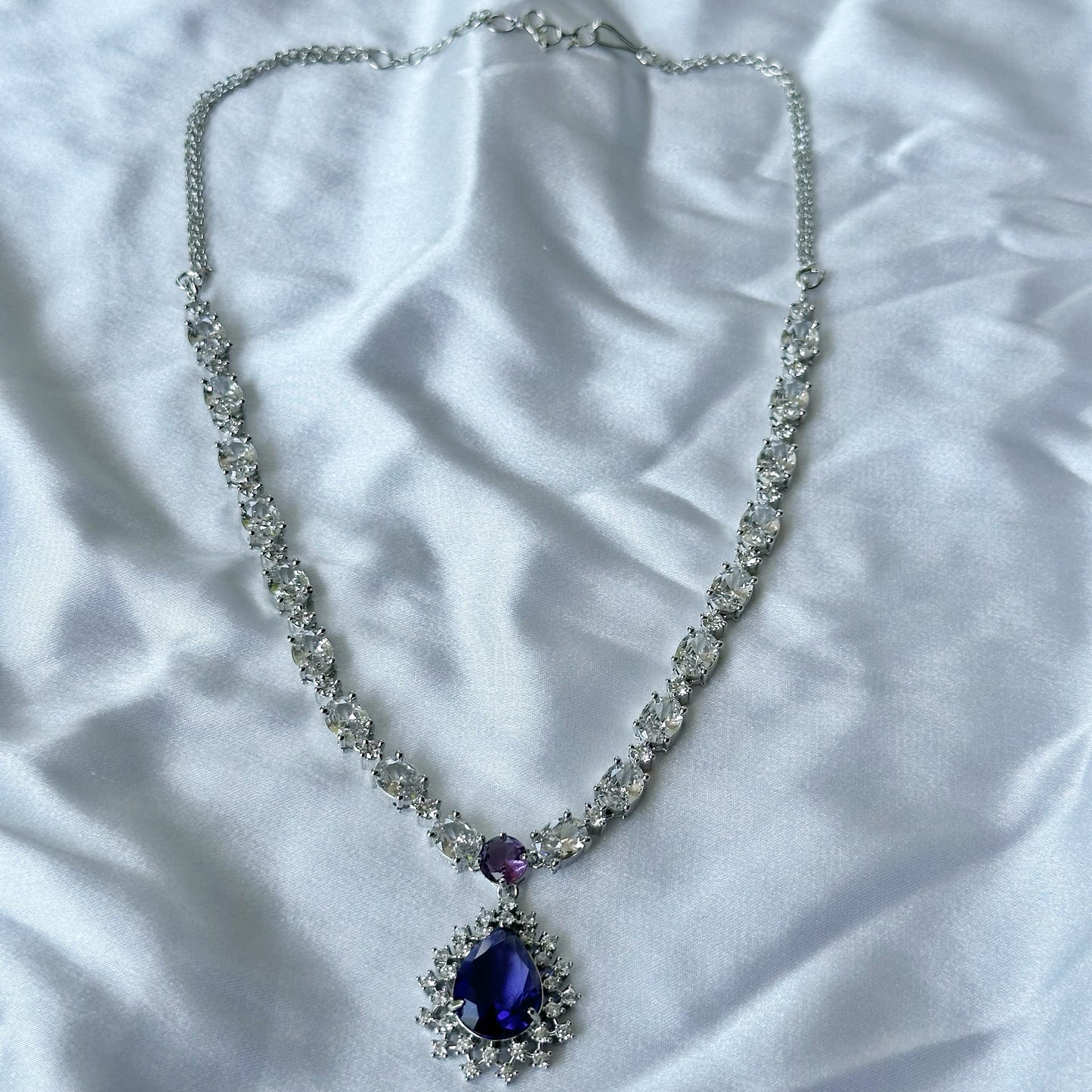 Deep Purple Amethyst Cubic Zircon Stone American Diamond Silver Plated Necklace Set