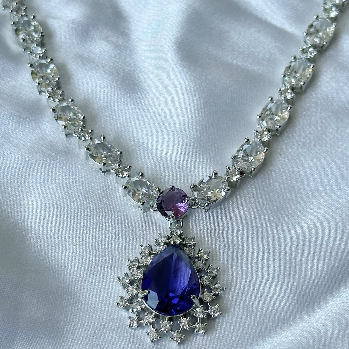 Deep Purple Amethyst Cubic Zircon Stone American Diamond Silver Plated Necklace Set