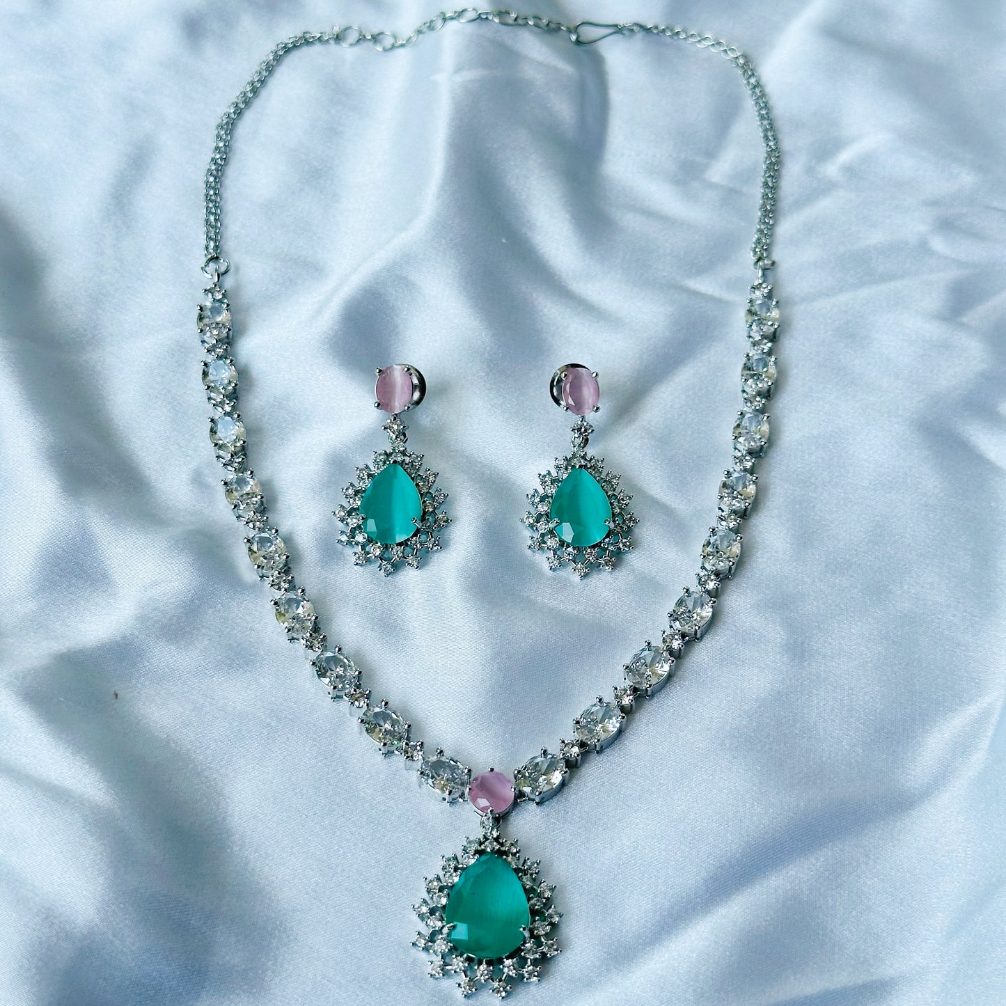 Mint Green/Pink Topaz Zircon Stone American Diamond Silver Plated Necklace Set