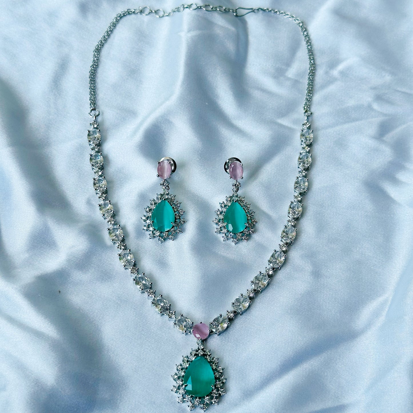 Mint Green/Pink Topaz Zircon Stone American Diamond Silver Plated Necklace Set