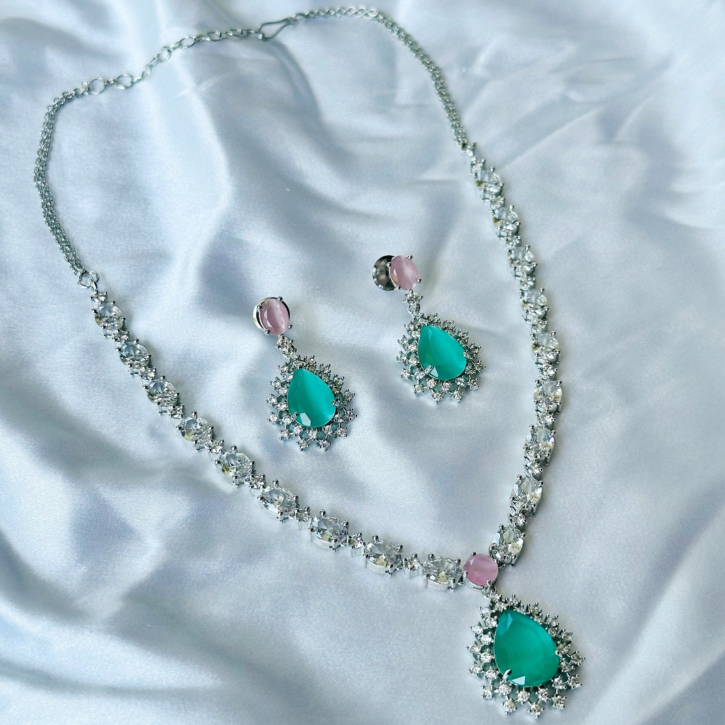 Mint Green/Pink Topaz Zircon Stone American Diamond Silver Plated Necklace Set