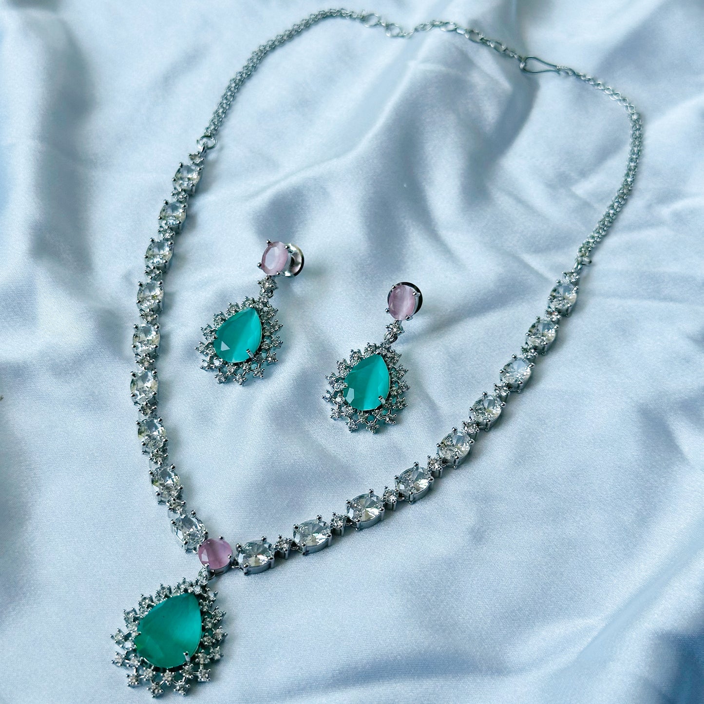 Mint Green/Pink Topaz Zircon Stone American Diamond Silver Plated Necklace Set