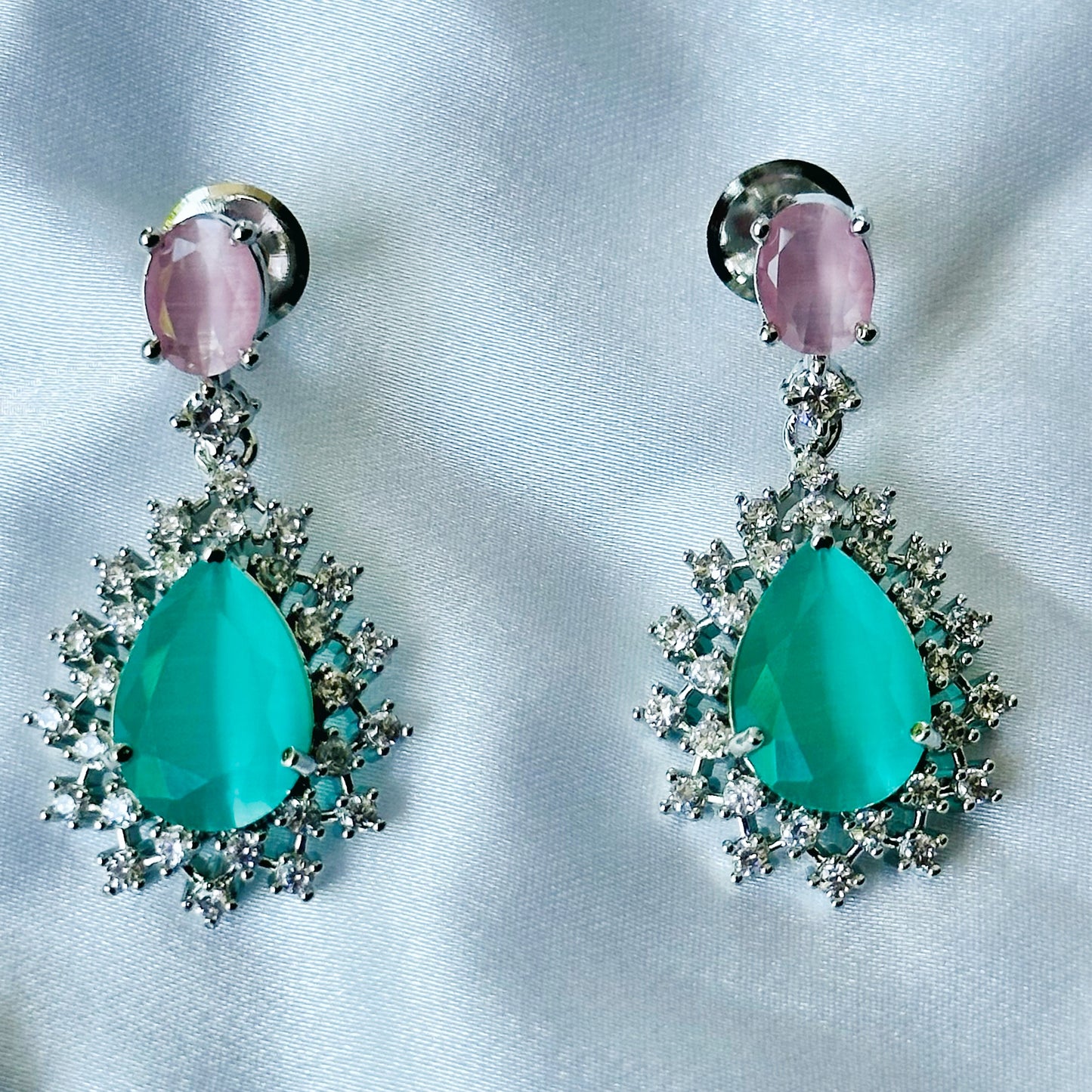 Mint Green/Pink Topaz Zircon Stone American Diamond Silver Plated Necklace Set