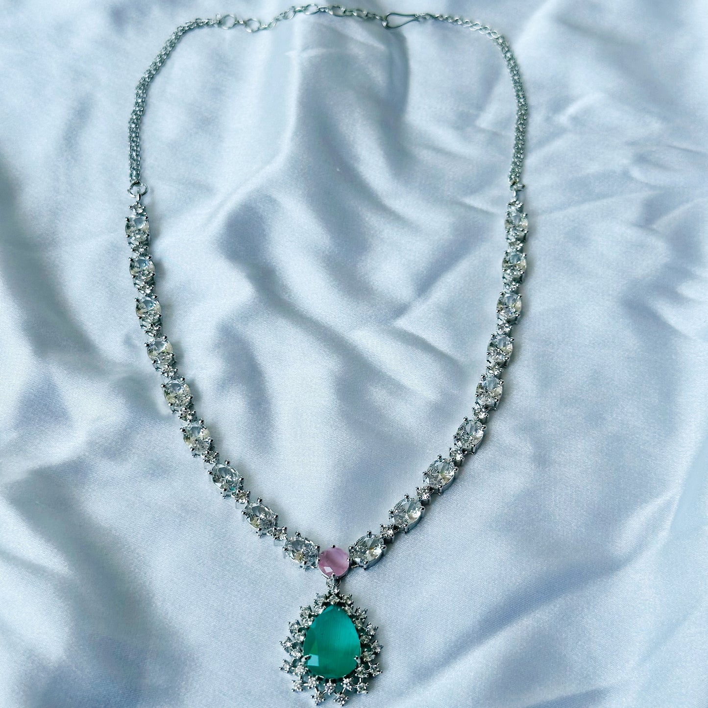 Mint Green/Pink Topaz Zircon Stone American Diamond Silver Plated Necklace Set