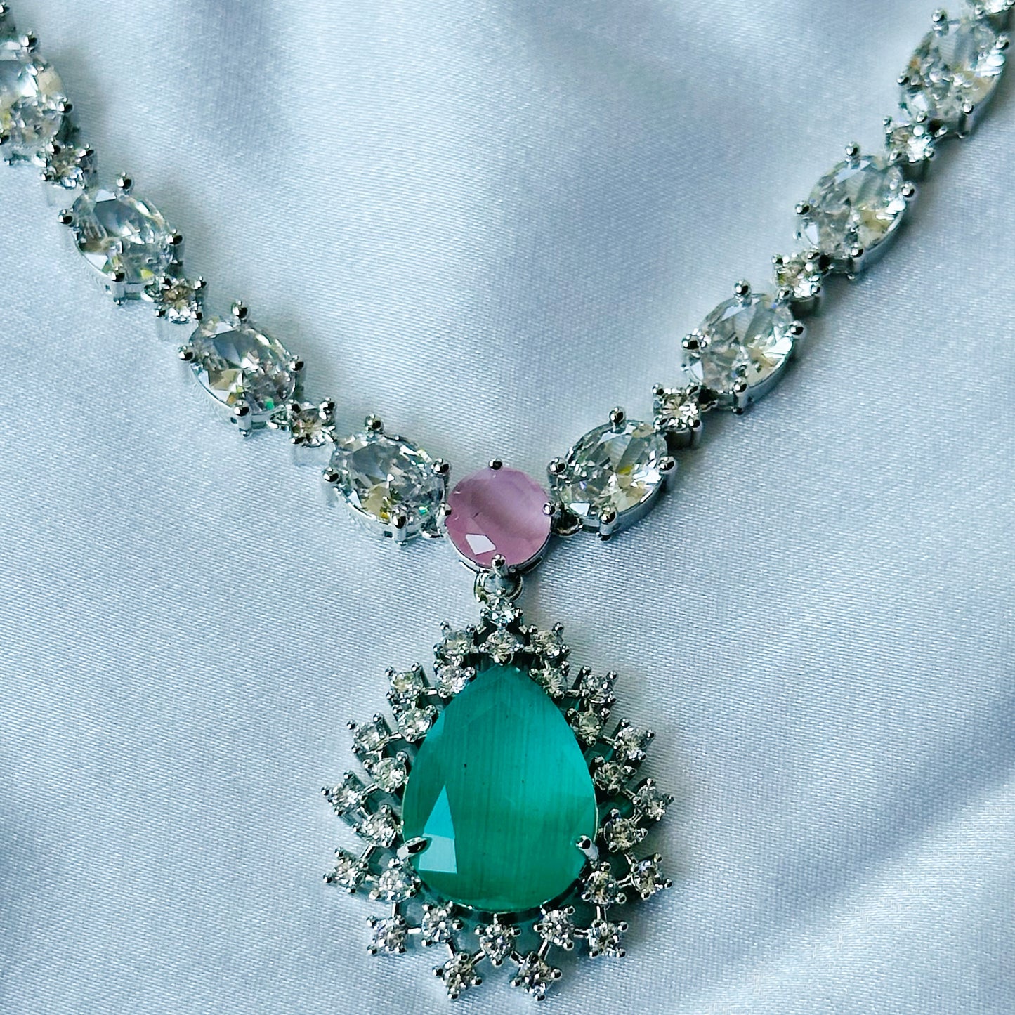 Mint Green/Pink Topaz Zircon Stone American Diamond Silver Plated Necklace Set