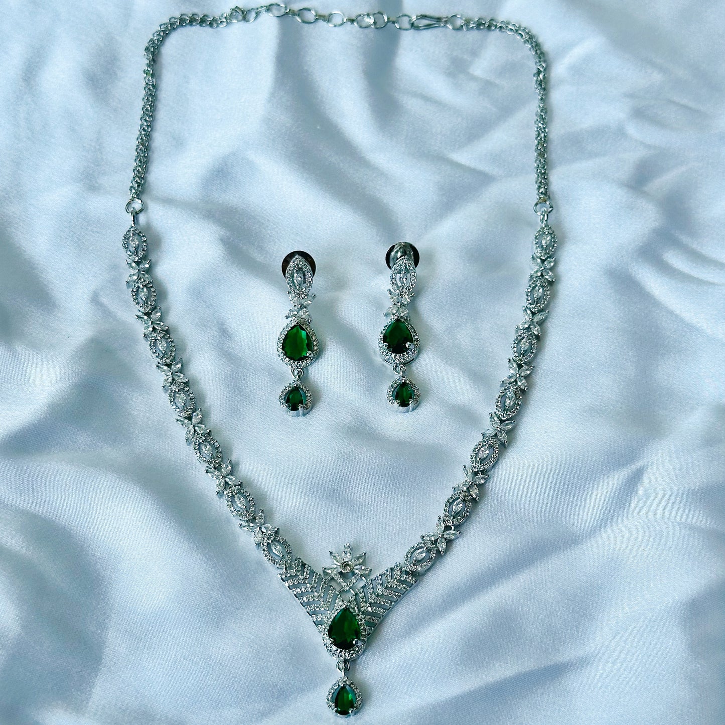 Green Emerald Cubic Zircon Stone American Diamond Silver Plated Necklace Set