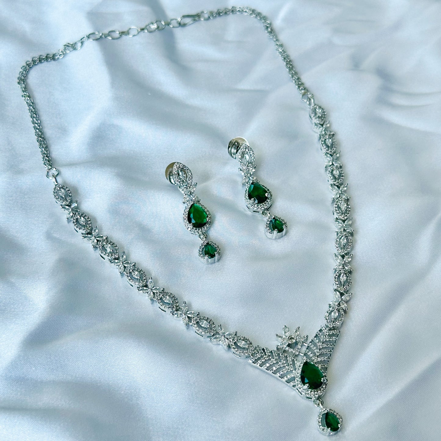 Green Emerald Cubic Zircon Stone American Diamond Silver Plated Necklace Set
