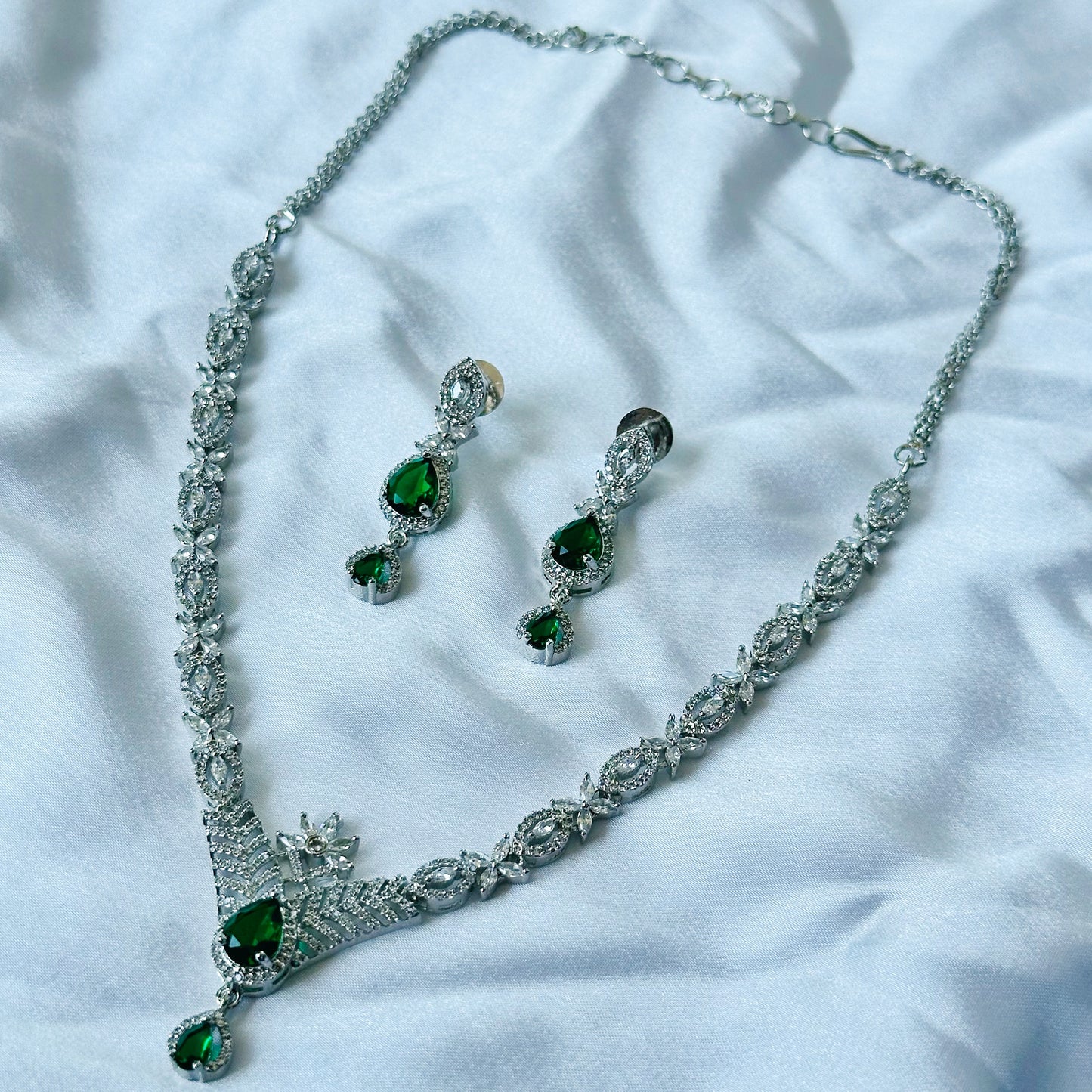 Green Emerald Cubic Zircon Stone American Diamond Silver Plated Necklace Set