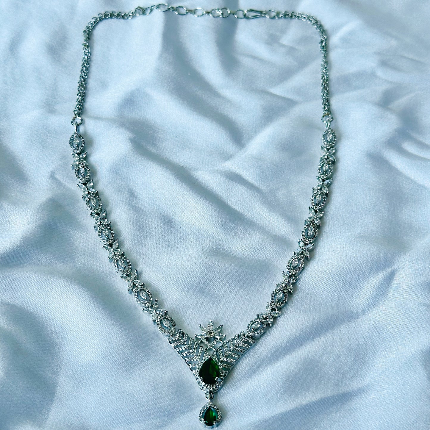 Green Emerald Cubic Zircon Stone American Diamond Silver Plated Necklace Set