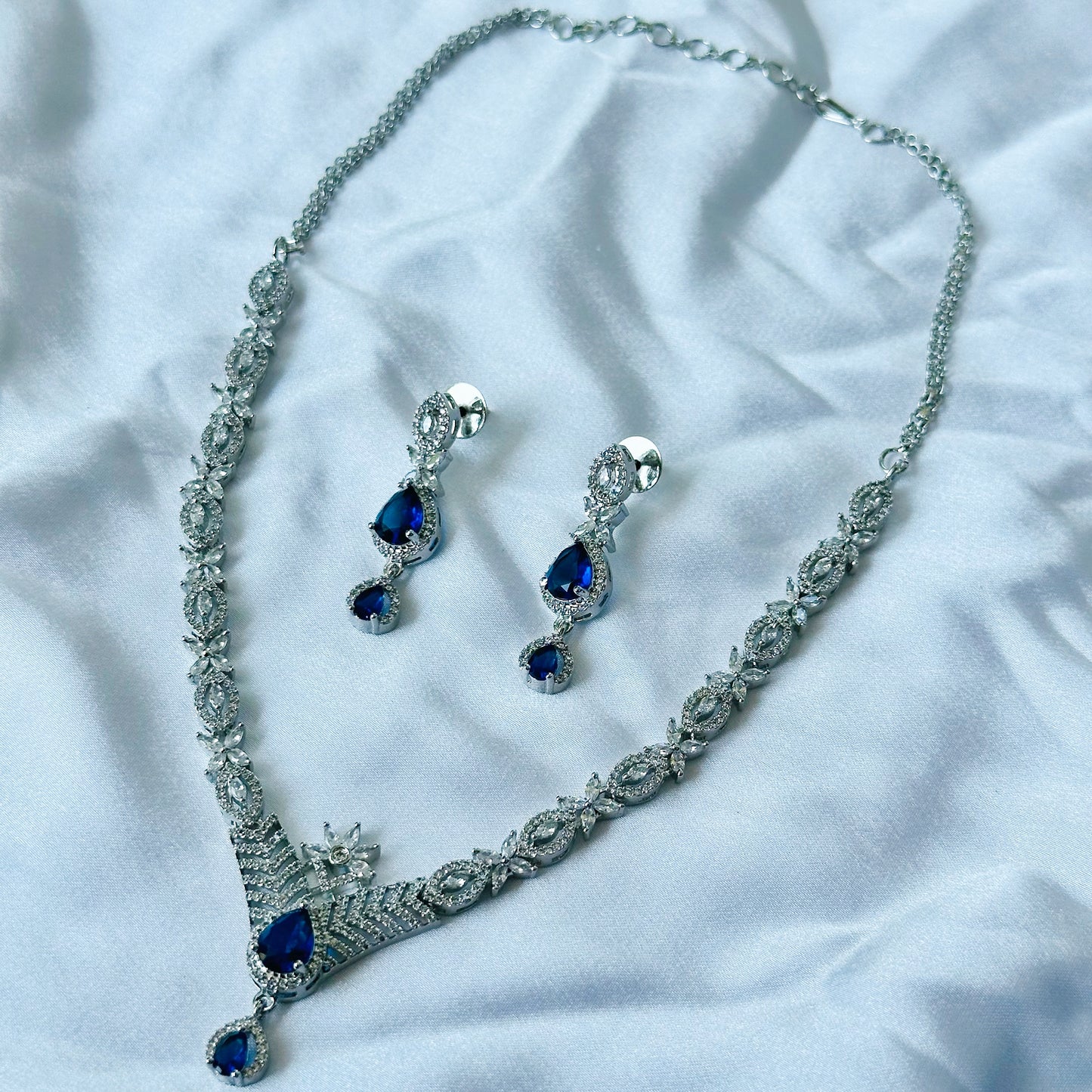 Blue Sapphire Cubic Zircon Stone American Diamond Silver Plated Necklace Set