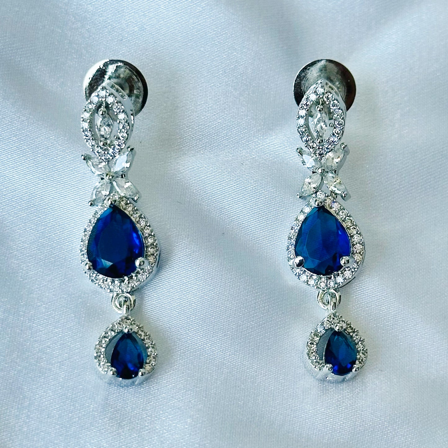 Blue Sapphire Cubic Zircon Stone American Diamond Silver Plated Necklace Set