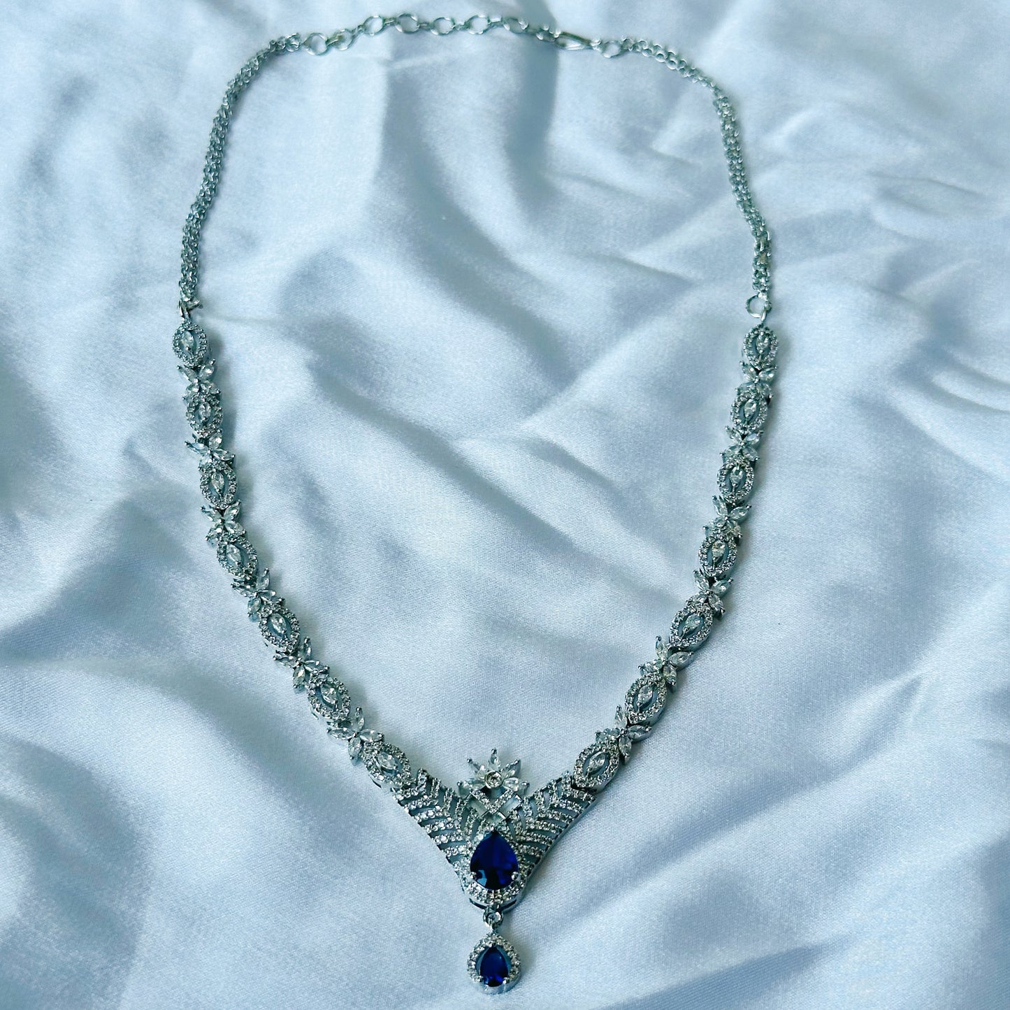 Blue Sapphire Cubic Zircon Stone American Diamond Silver Plated Necklace Set